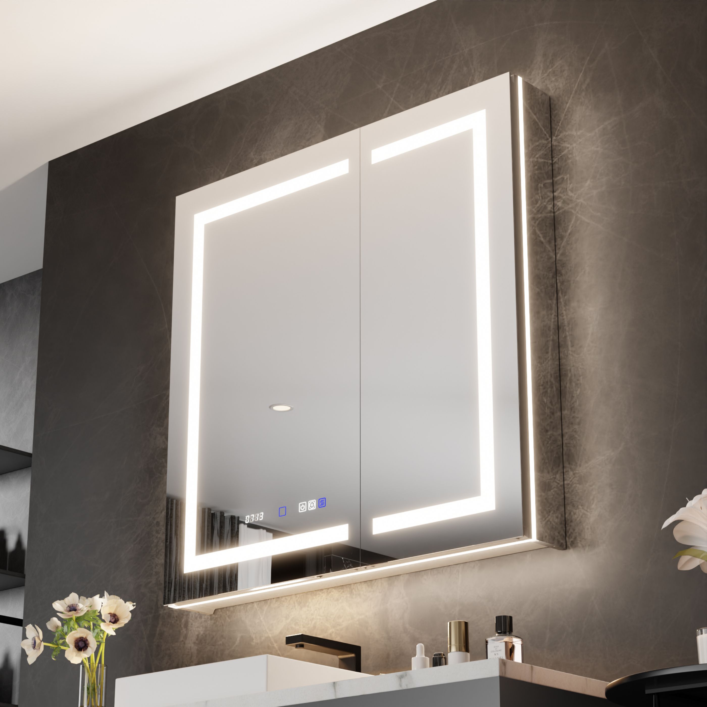 WELLFOR GIZHTH002 XZ 36-in x 36-in Lighted LED Fog Free Surface/Recessed Mount Silver Mirrored Square Soft Close Medicine Cabinet with Outlet