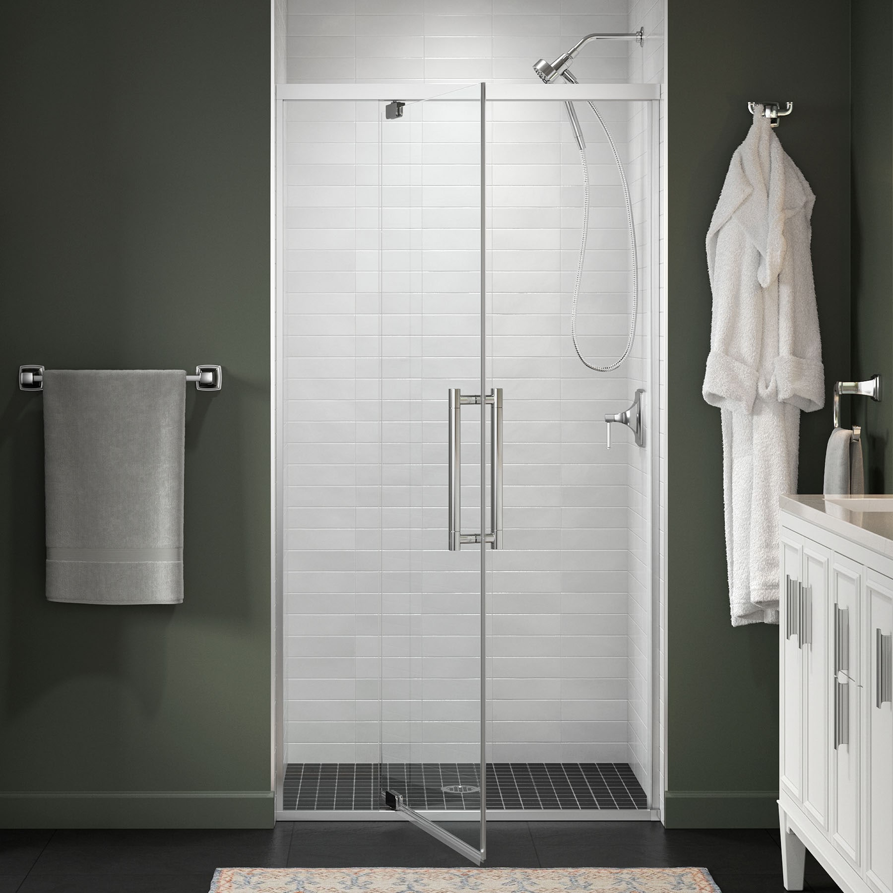 KOHLER 702479-8L-SHP Premise Bright Polished Silver 39-5/8-in to 43-5/8-in W x 76.06-in H Frameless Pivot Soft Close Shower Door 5/16-in Thick Clear Glass