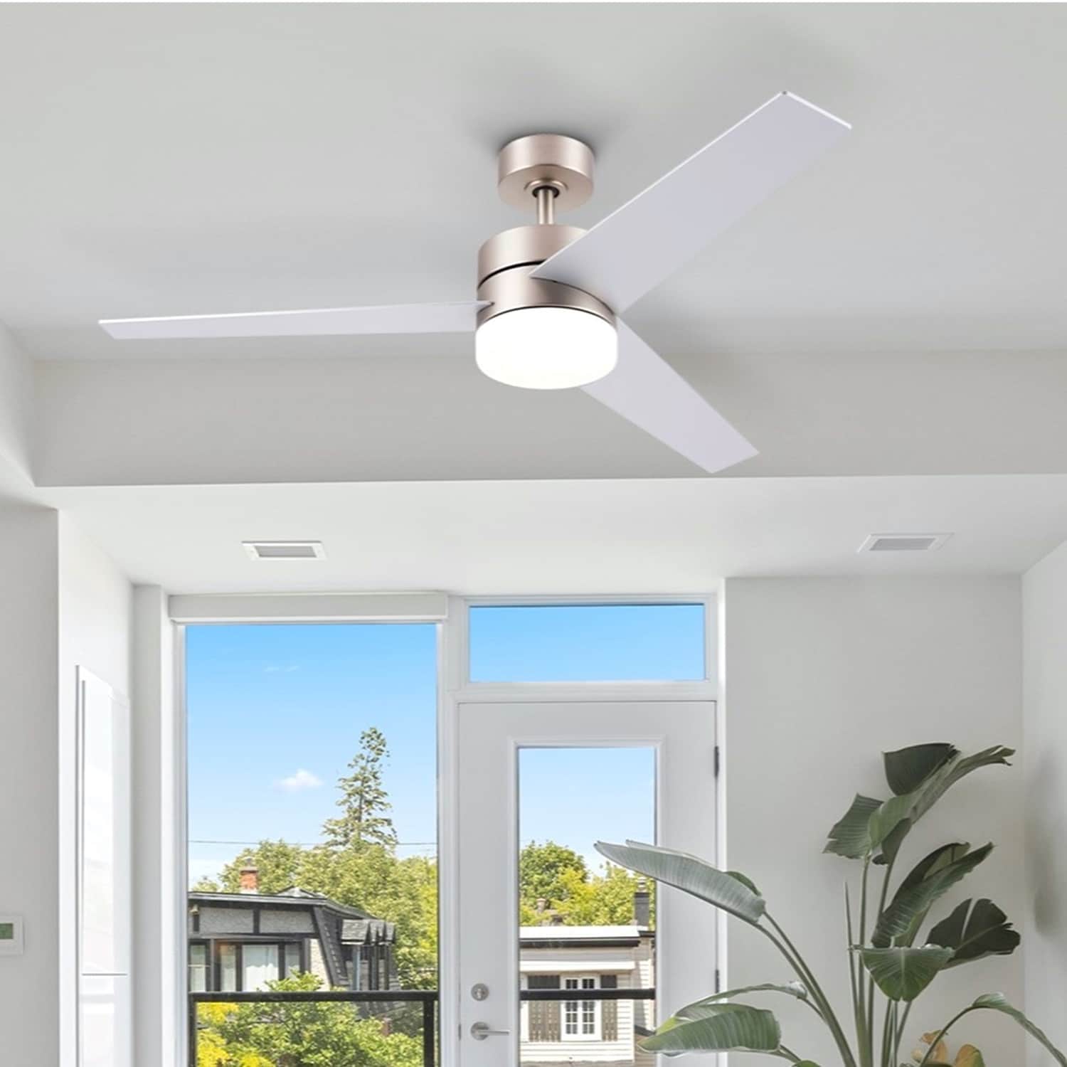 CO-Z CFN-1373-NI 52-in Color-Changing Integrated LED Brushed Nickel with Silver and Walnut Blades Ceiling Fan With Light and Remote ( 3 -Blade )