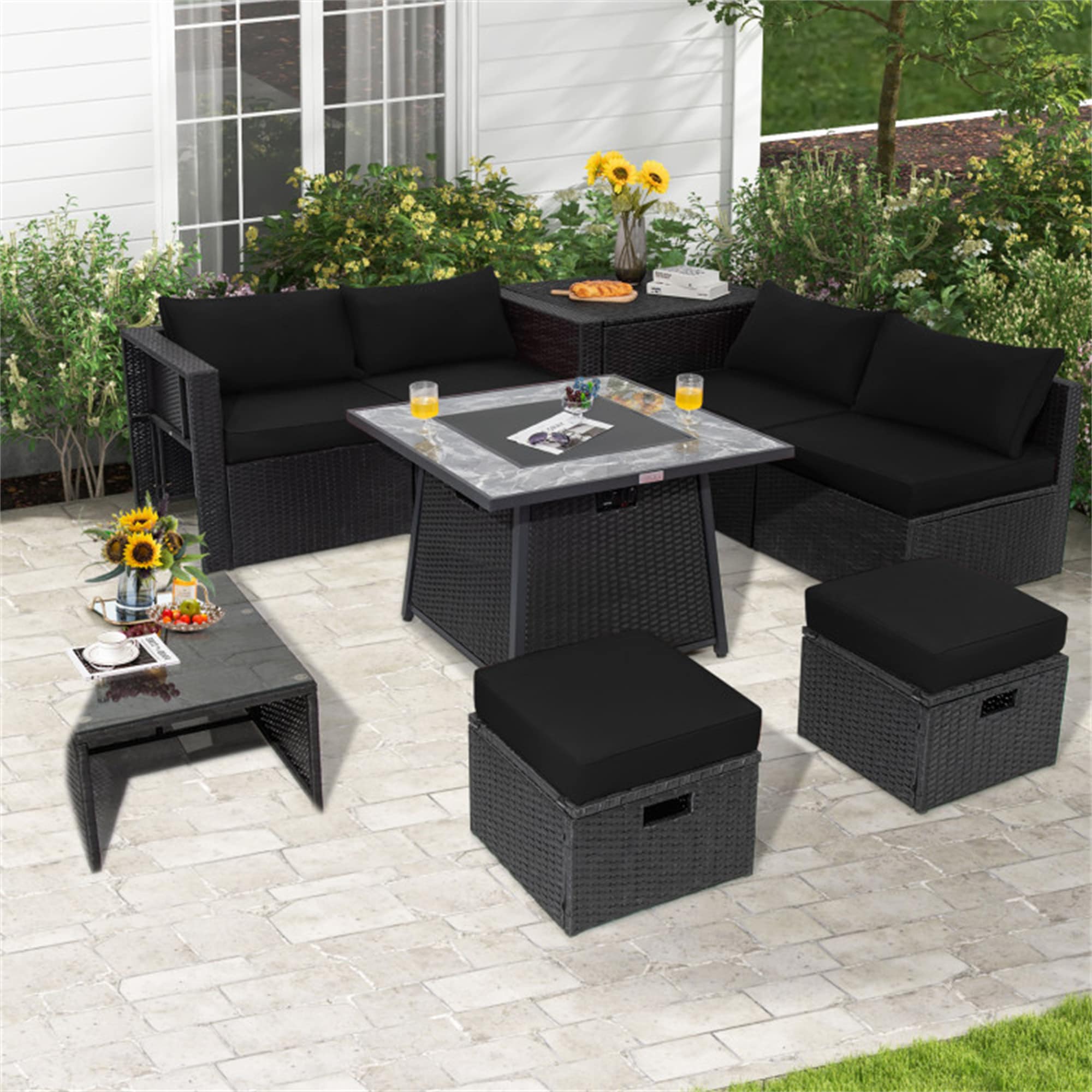 BABOOM BOM-149AORTPX Patio Furniture Sets With 35 inch Fire Pit 9 -Piece Rattan 2 Patio Sofa Conversation Set with Black Cushions