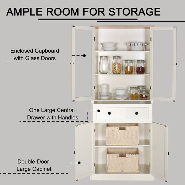 Kitchen Pantry Storage Cabinet Cupboard, Large White Storage Cabinet With Glass Doors