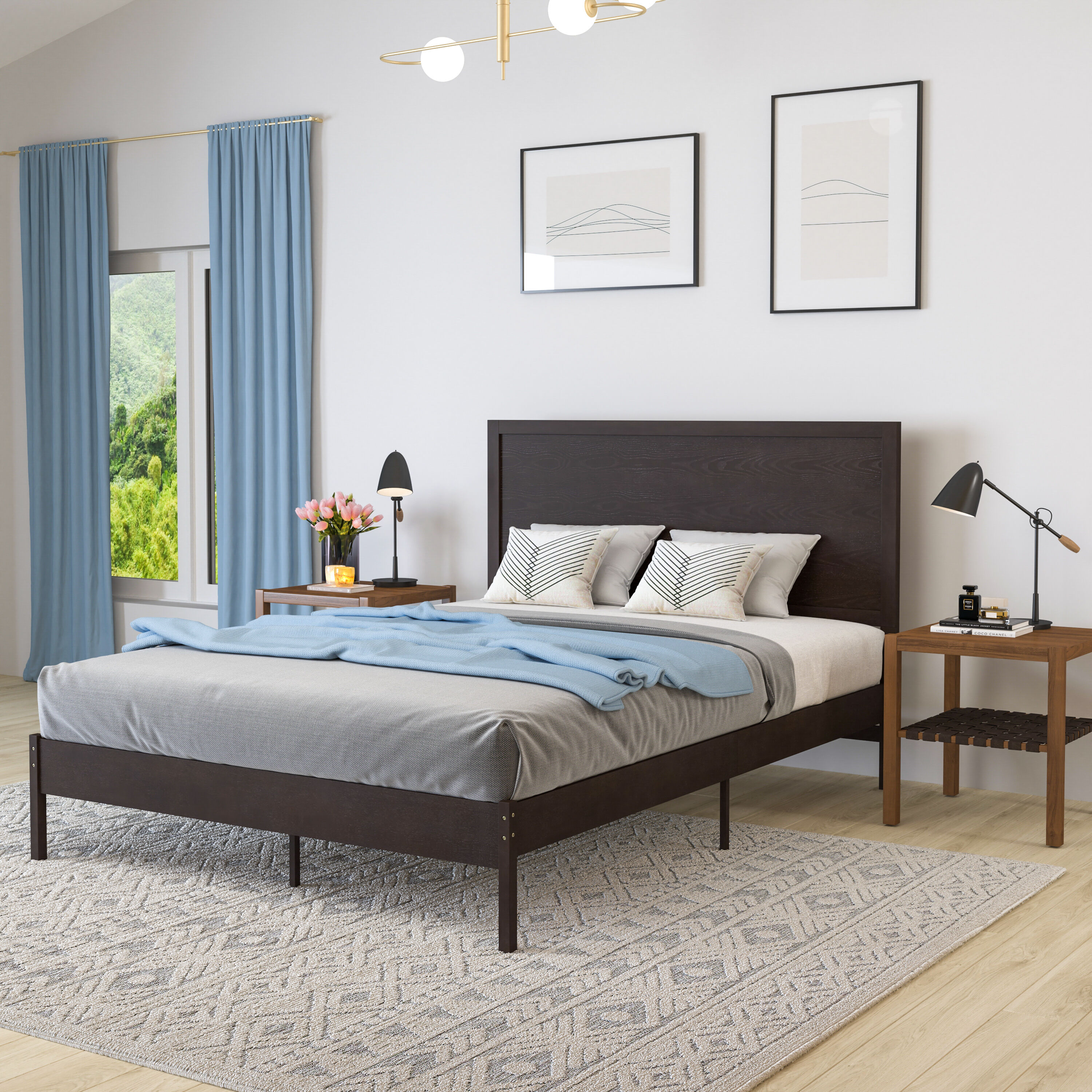 Merrick Lane - Ketner Queen Size Solid Wood Platform Bed with Wooden Slats and Headboard; No Box ...