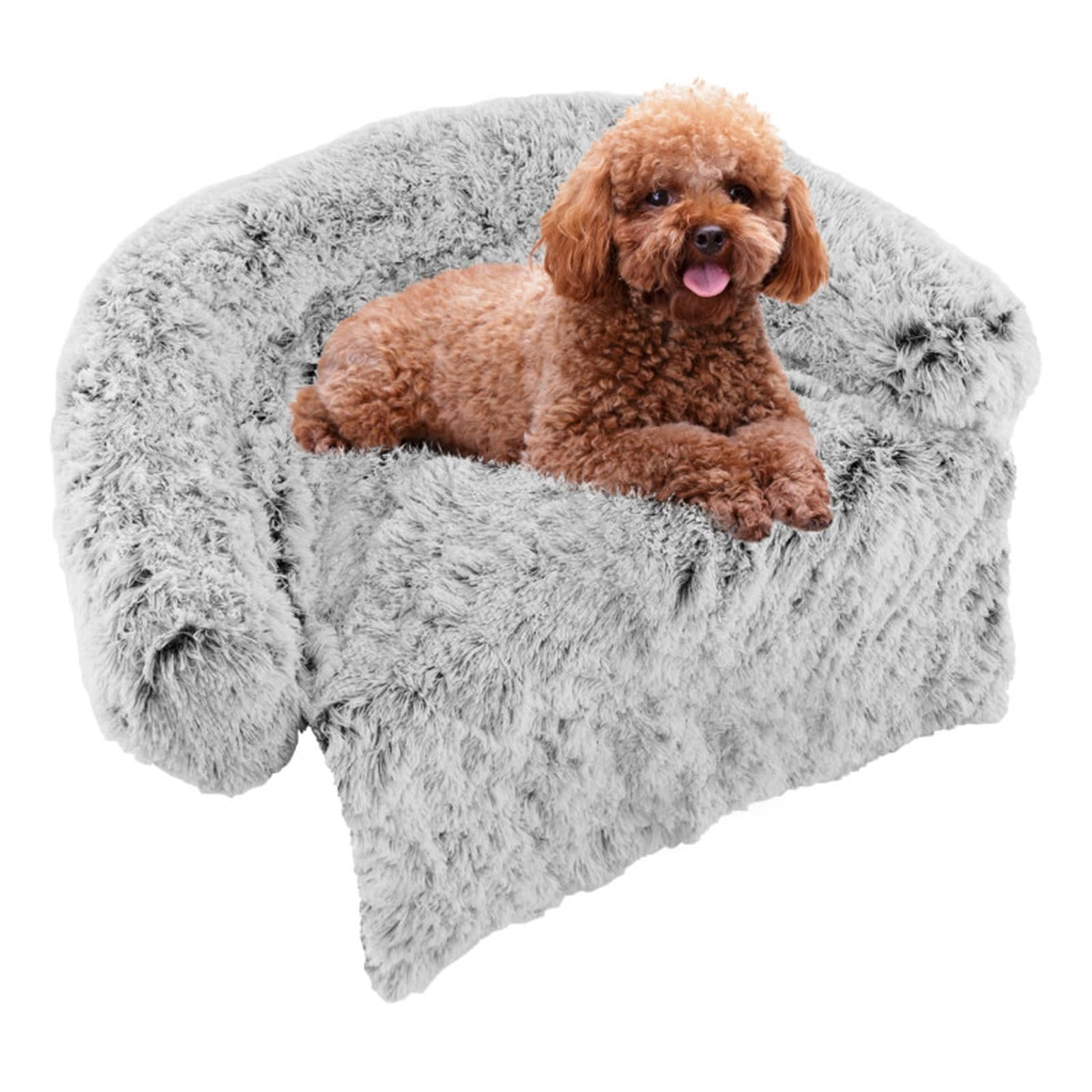 SUGIFT 40-in x 35-in Plush Calming Dog Couch Bed with Anti-Slip Bottom Removable Bolster Machine Washable Zippered Cover Carrying Handle White for Small Dogs up to 33-lb Recommended Weight 28-in x 26-in Inner Area Sofa Furniture Protector Pet Bed