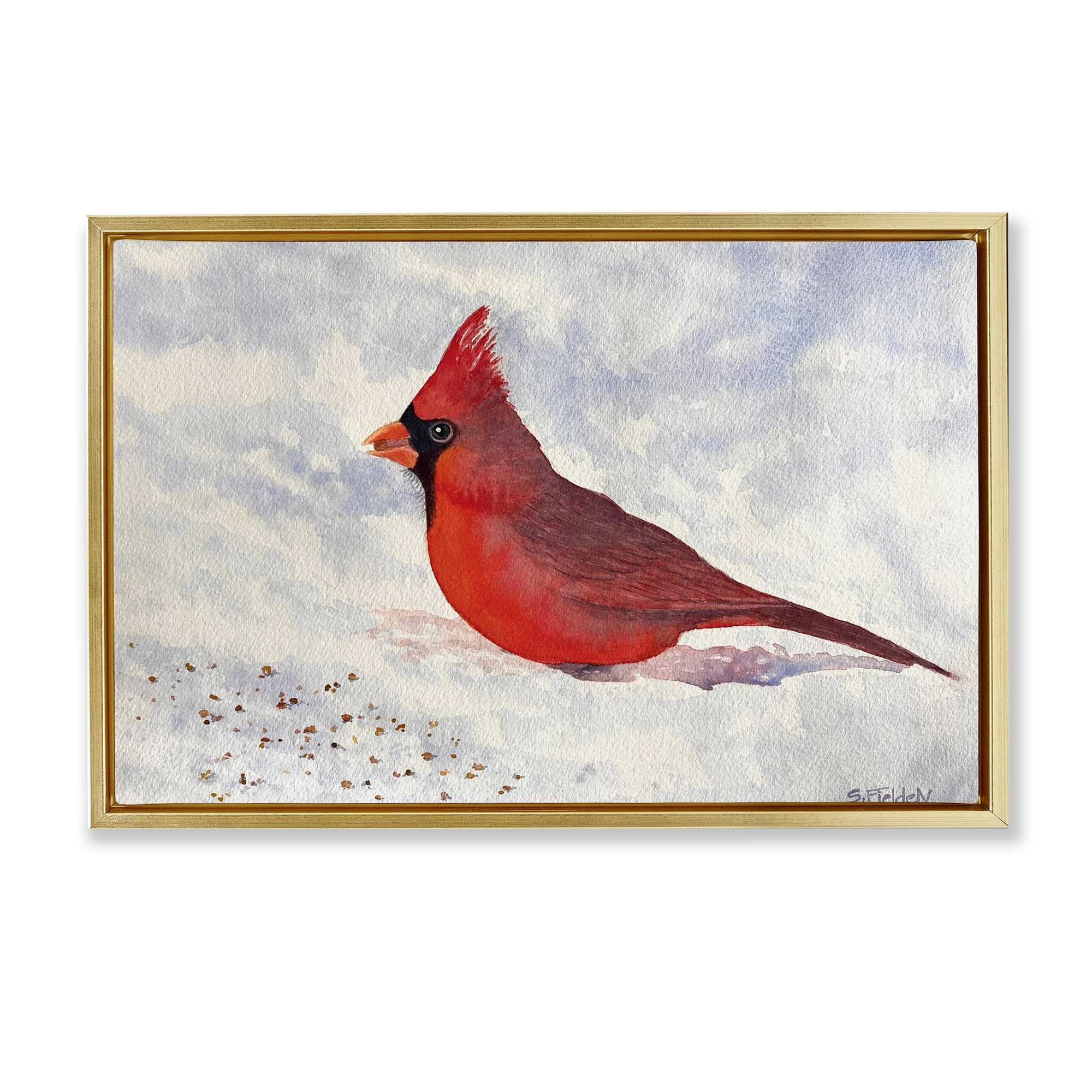 Stupell Industries BS-577-FFG-16X24 Red Cardinal in Snow Gold Framed Floater Canvas Wall Art By Stephanie Fielden 25 x 17