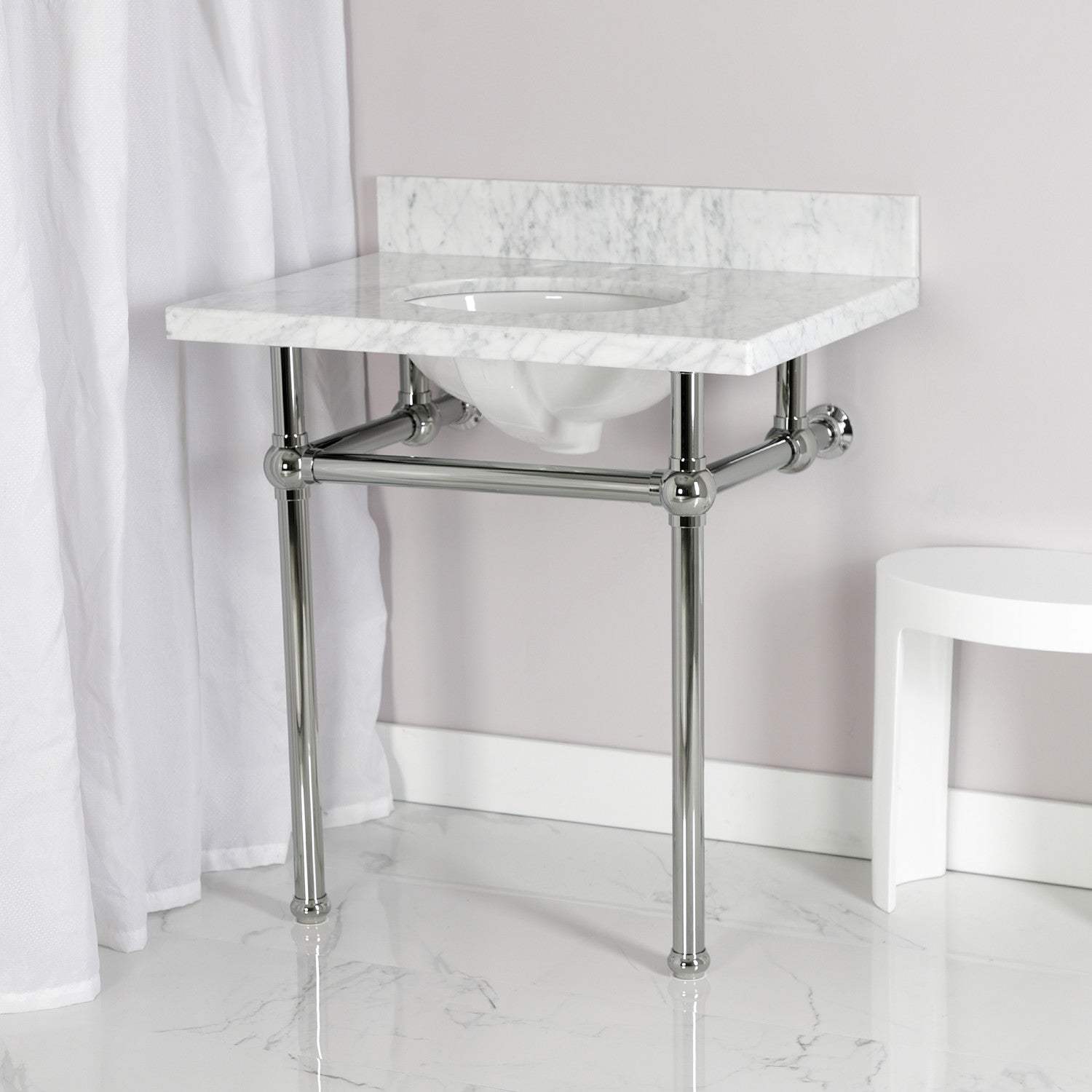 Kingston Brass Templeton 30-inch Carrara Marble Vanity Top with Brass Legs 8-Inch 3-Hole Carrara Marble/Polished Chrome