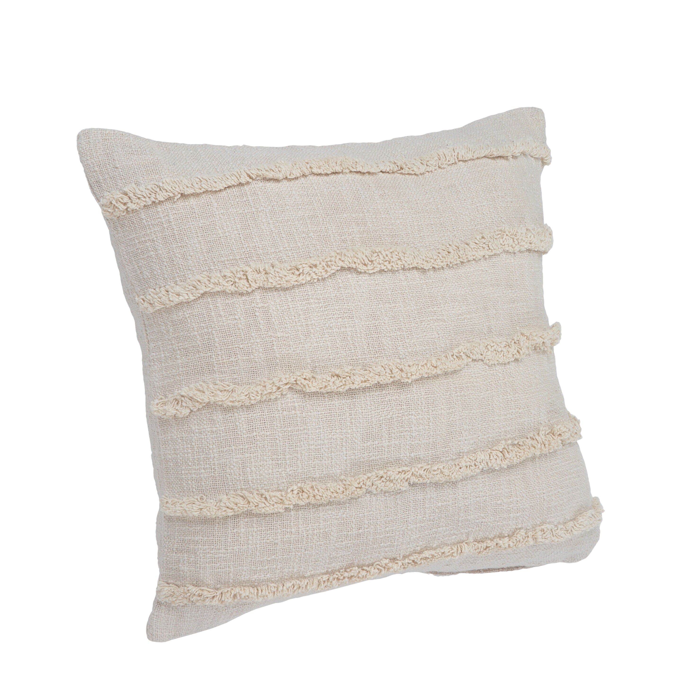 Beige Over-Tufted Fringed 20" Square Throw Pillow