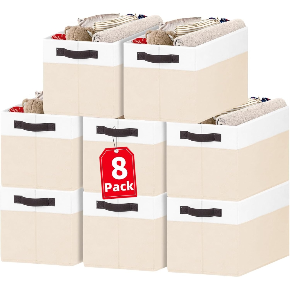 Baginizer Large Fabric Storage Baskets 8 Pack with Handles 14x10x9.5 Inch for Blankets Toys Laundry Clothes Towels Yarn Crafts Living Room #BAGINIZER000114