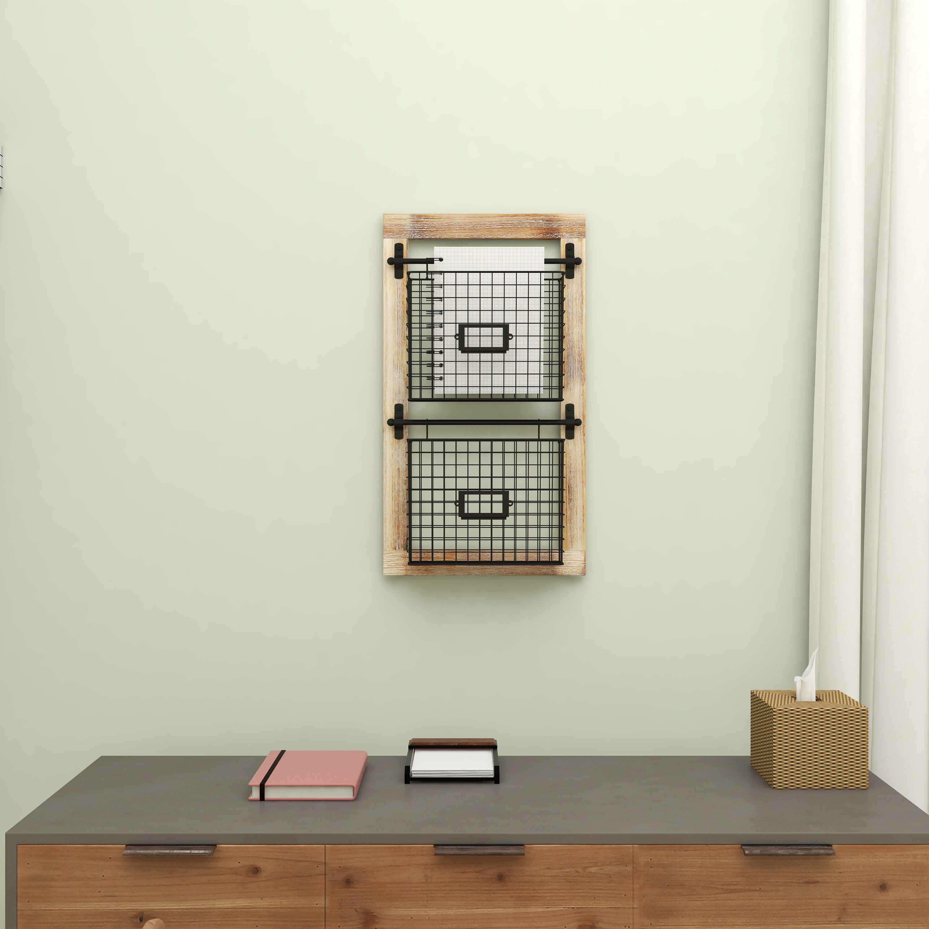 Black Metal and Wood Wall Mounted Magazine Rack with Baskets