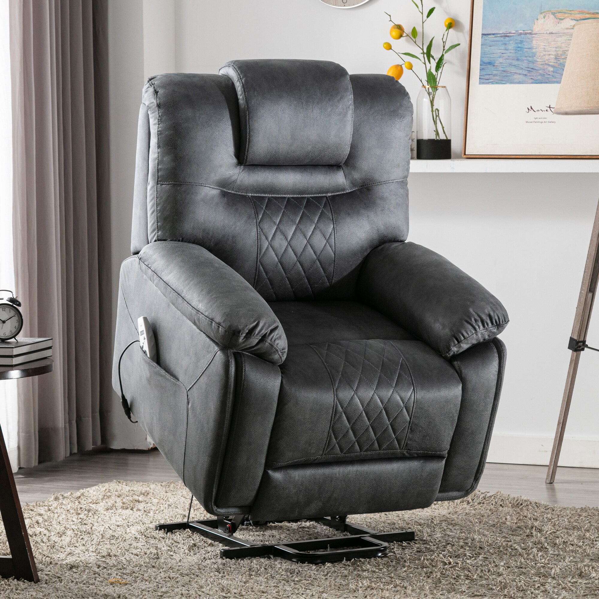 Claude Dual Power Headrest & Lumbar Support Recliner Chair in Light Grey  Genuine Leather by Armen