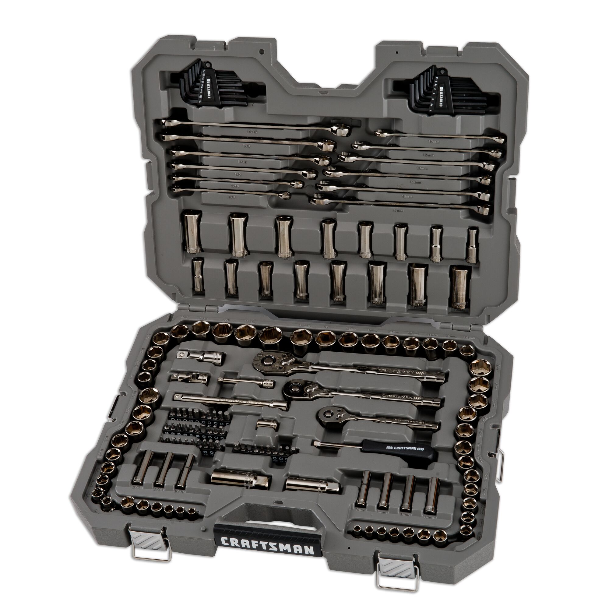 CRAFTSMAN OVERDRIVE 154-Piece Standard (SAE) and Metric Gunmetal Chrome Mechanics  Tool Set with Hard Case in the Mechanics Tool Sets department at