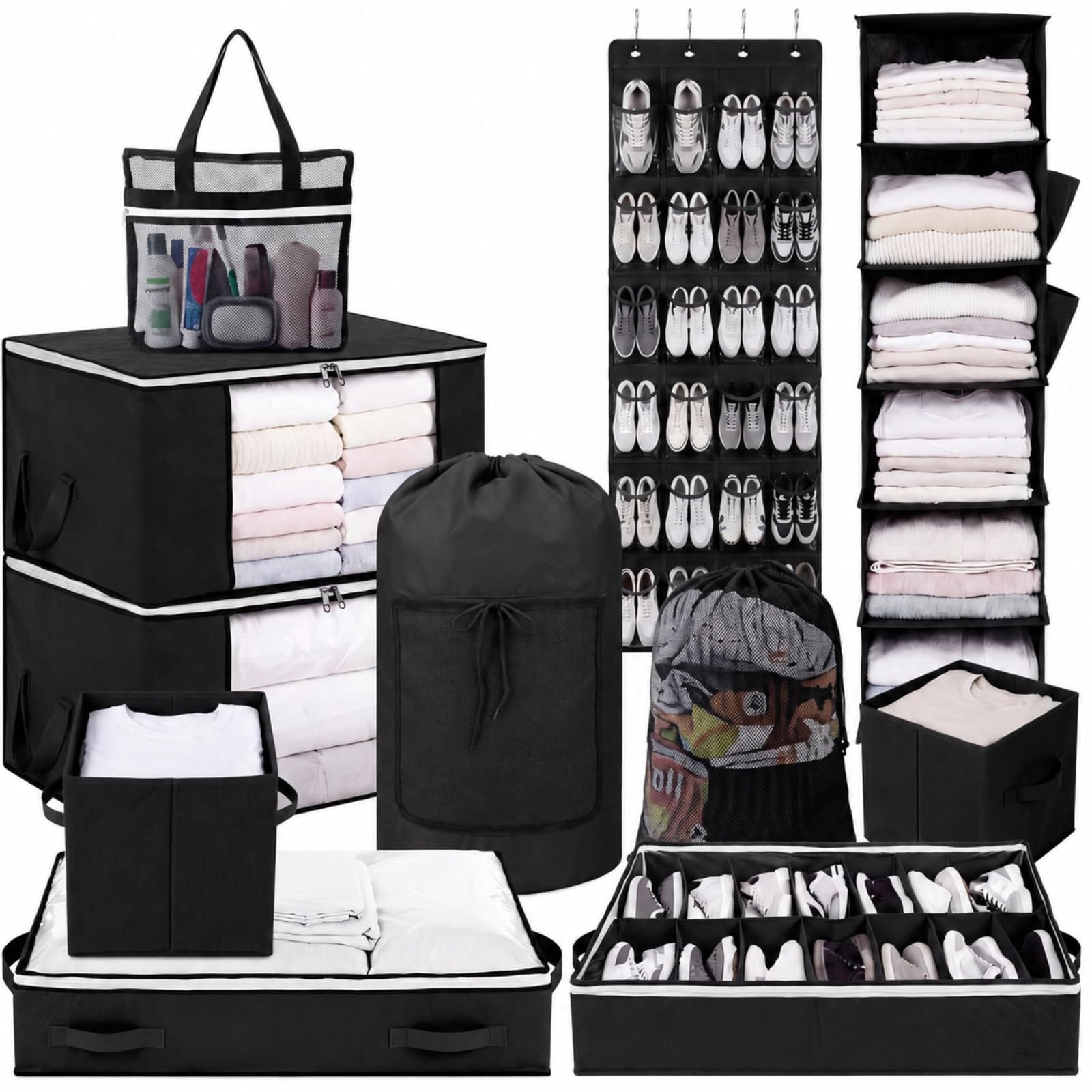 Ahfiwaso  11 Piece Dorm Storage Set Includes Hanging Closet Organizer Over Door Shoe Rack Laundry Backpack Shower Caddy Collapsible Bins and