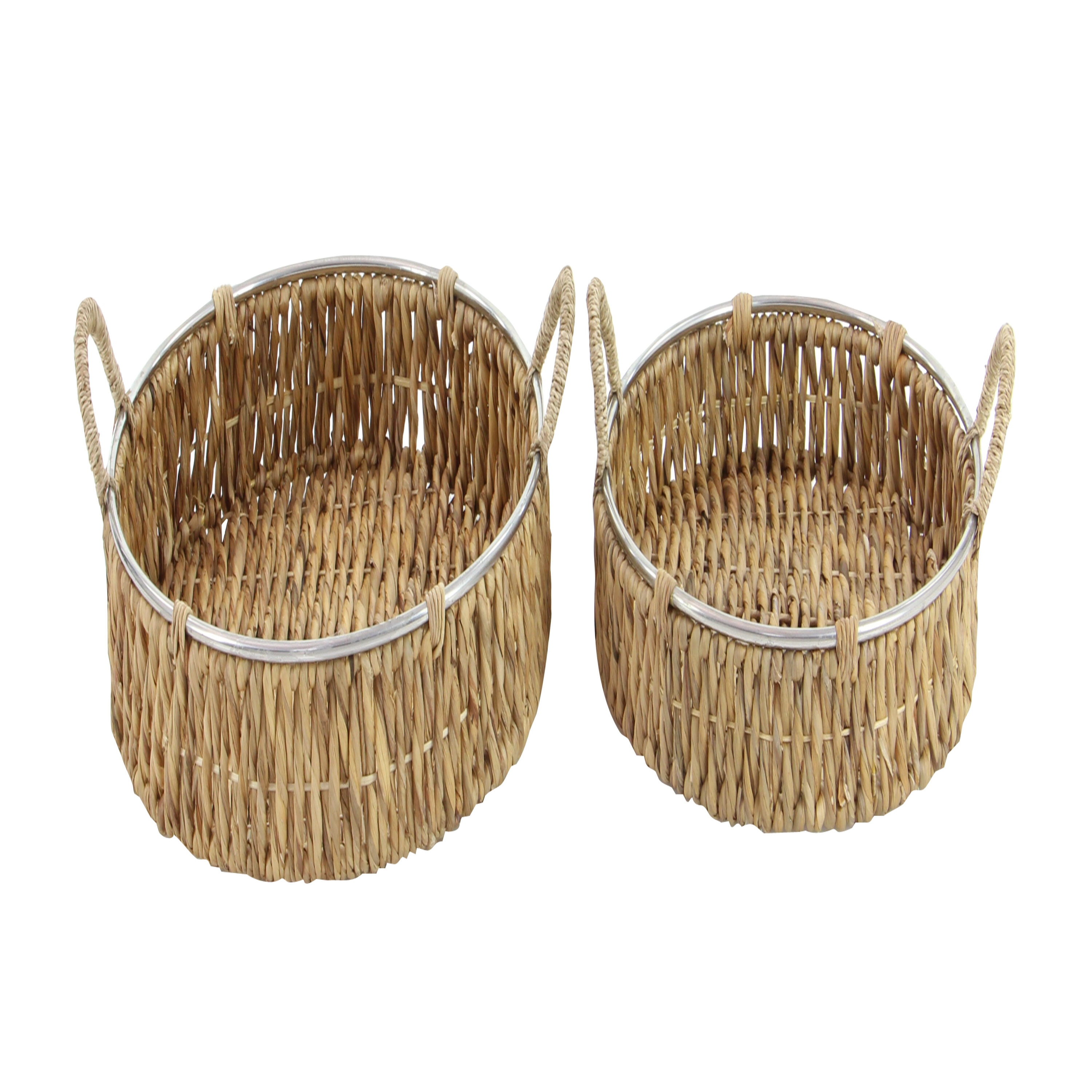 20" Round Natural Seagrass Woven Storage Basket Set with Metal Ring Handles