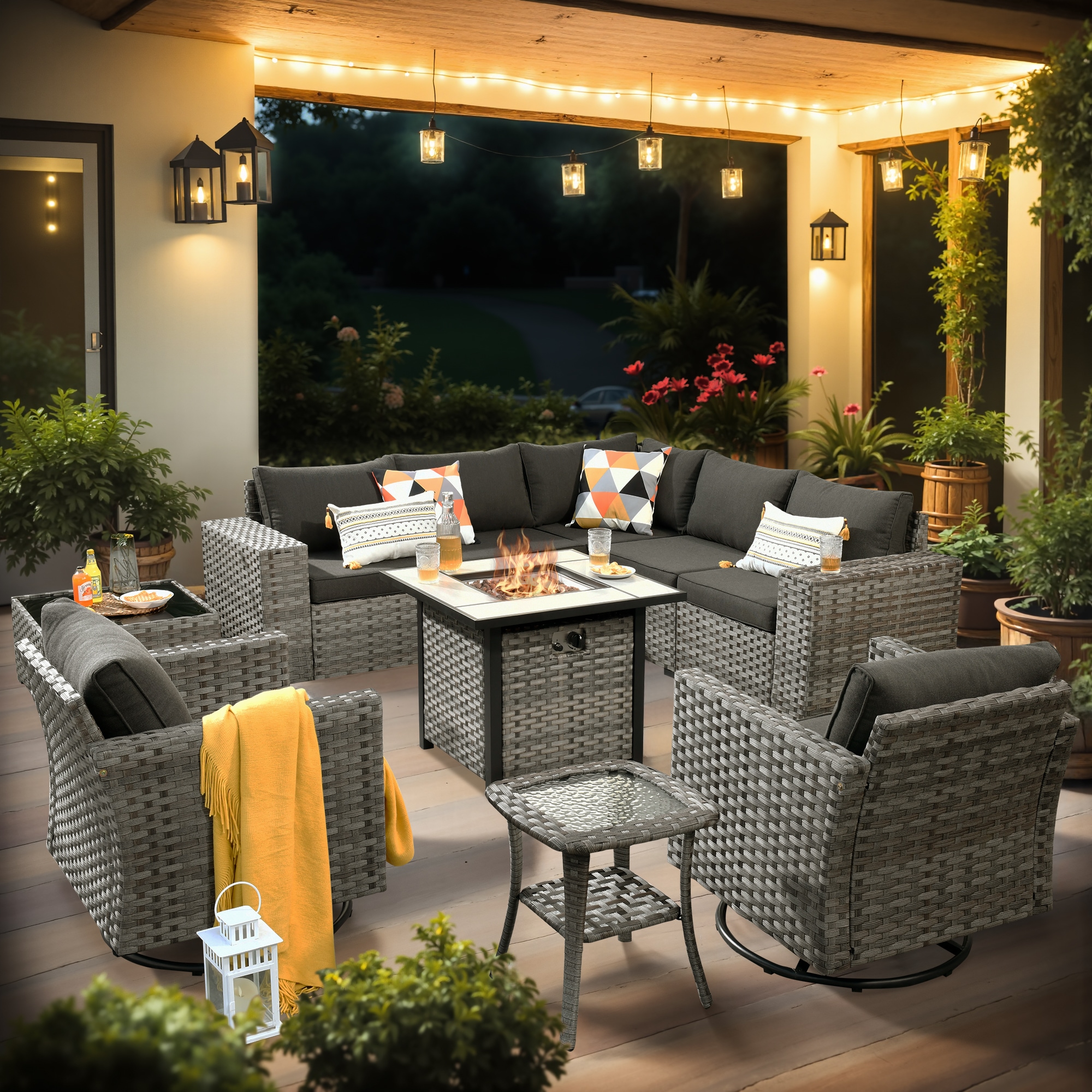 XIZZI XIBBR105-10 Caerus 10 -Piece Rattan Patio Sofa Conversation Set with Black Cushions