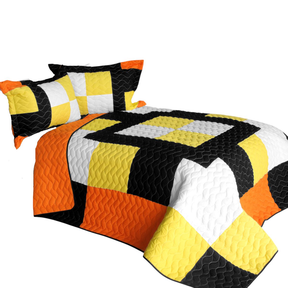 Slickblue 3 Piece Full/Queen Geometric Patchwork Quilt Set Reversible Vermicelli Quilted Machine Washable Bedding for Bedroom and Guest Room - Yellow/Pink