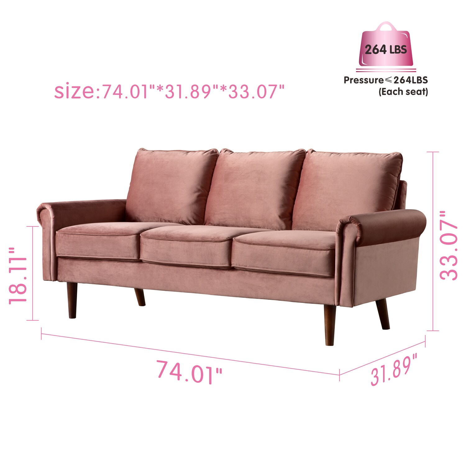 Ovios Testan 74.01-in Modern Rose Pink Velvet 3-seater Sofa in the ...