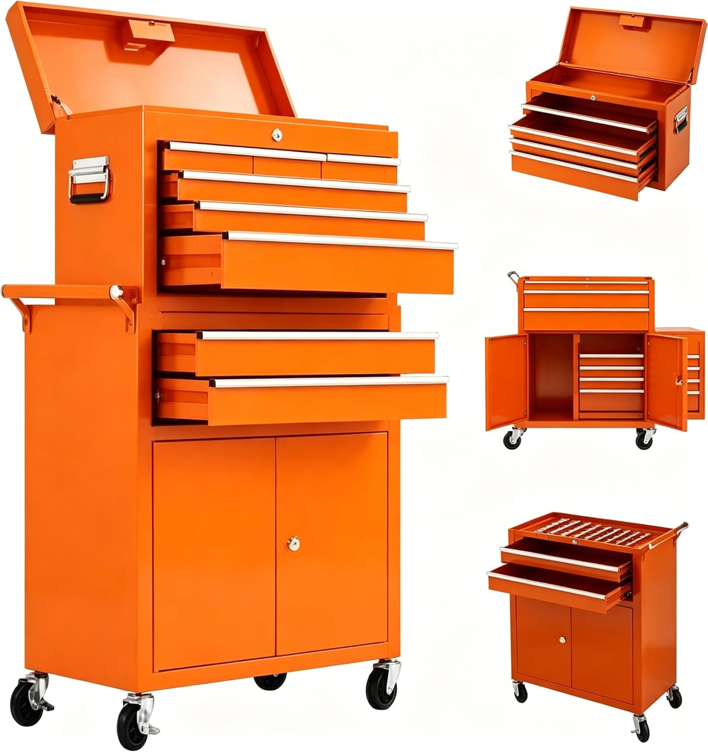 GAOMON Heavy duty rolling tool chest 8 drawer 2 in 1 detachable metal tool box cabinet with locking wheels orange #BTC281830033