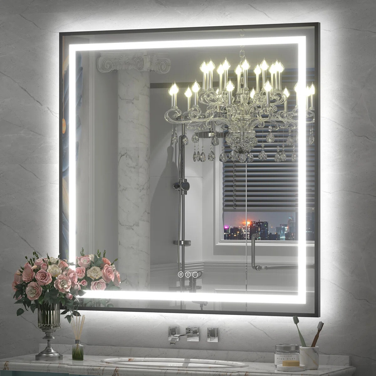 YQP 38x38 Inch UL ETL Certificate Smart Anti-Fog Front-lit+Backlit Black Framed LED Bathroom Mirror