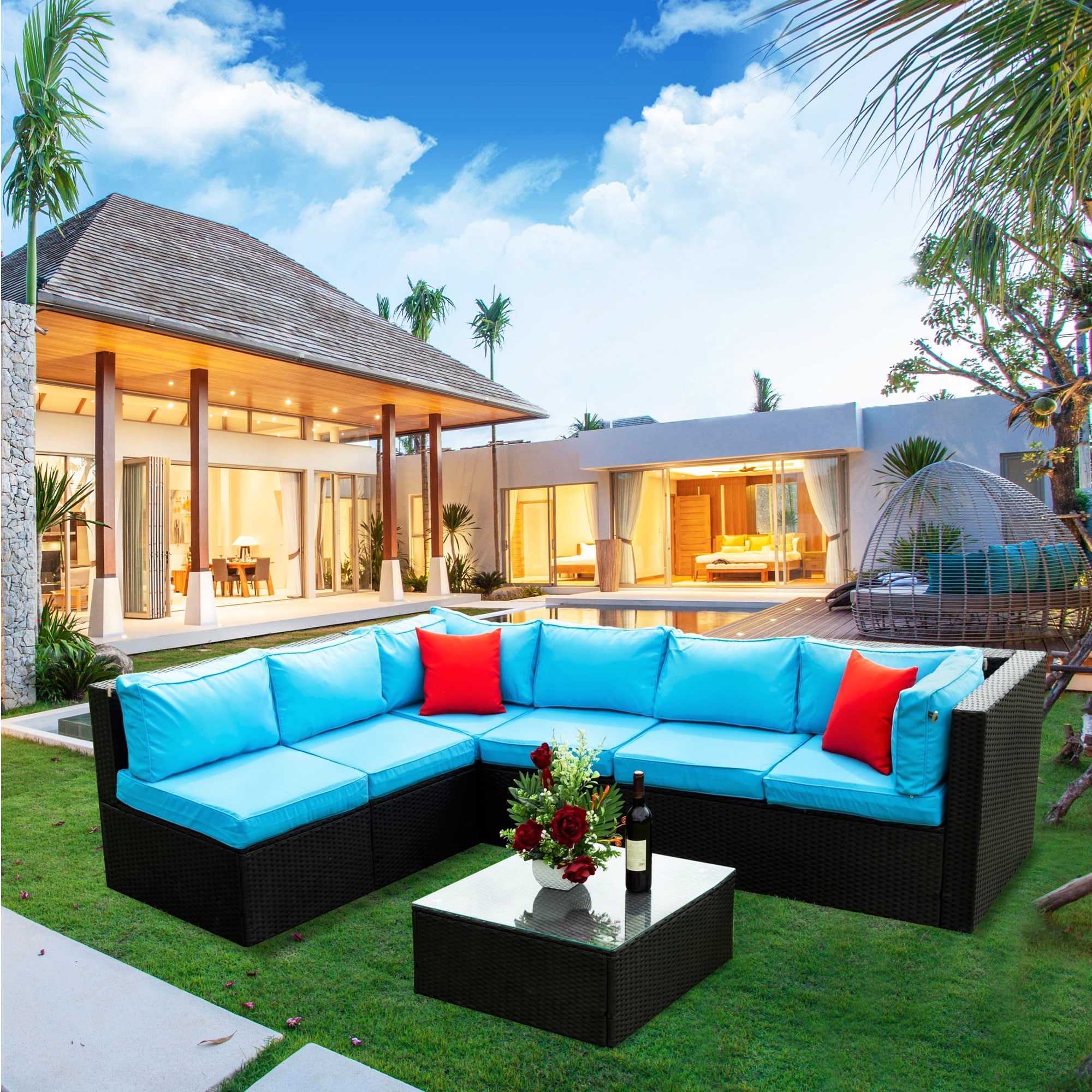 ModernLuxe L-W329S00014 5 Pieces PE Rattan sectional Outdoor Furniture Rattan Outdoor Sofa with Blue Cushions and Steel Frame