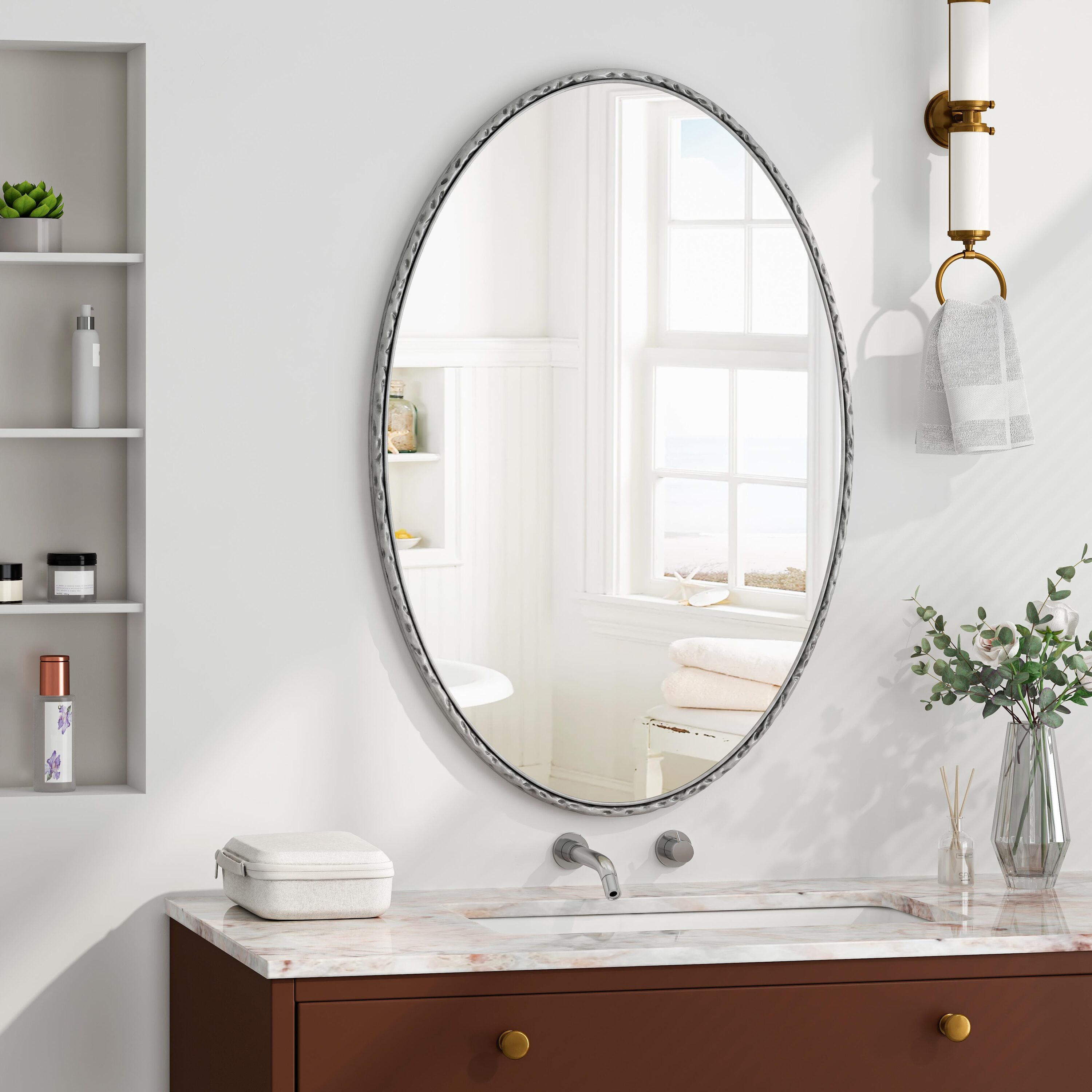 Bayfeve BF-251823-MIR 26-in x 40-in Framed Oval Bathroom Vanity Mirror ( Silver )