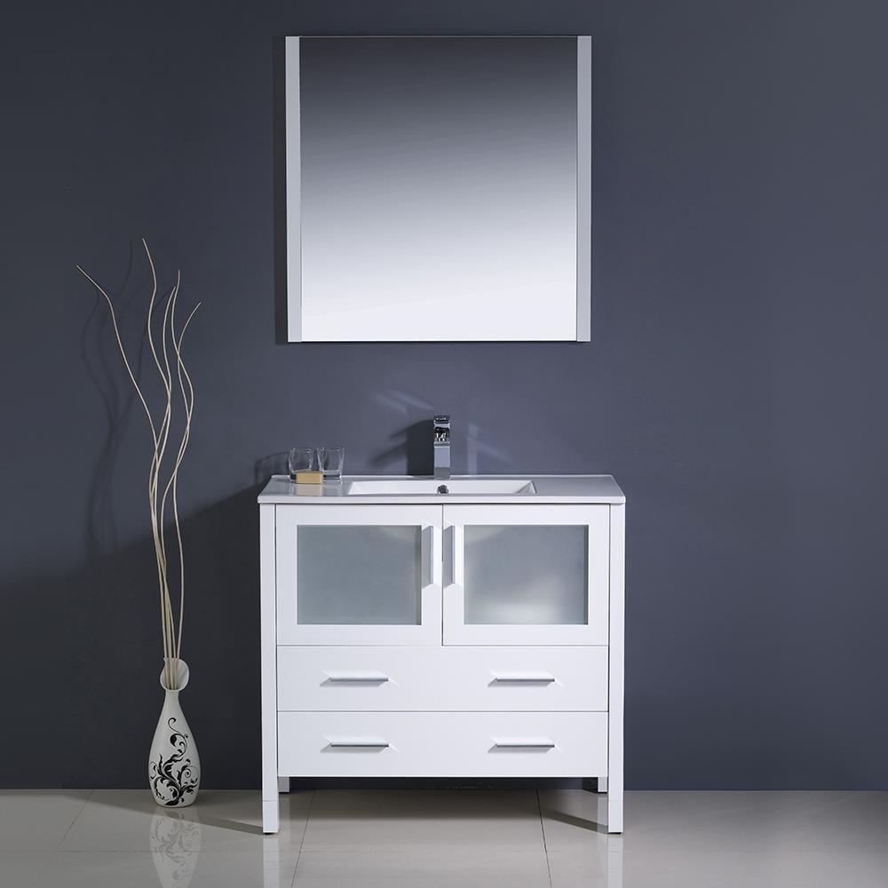 Torino 36'' White Ceramic Top Single Vanity Set with Mirror