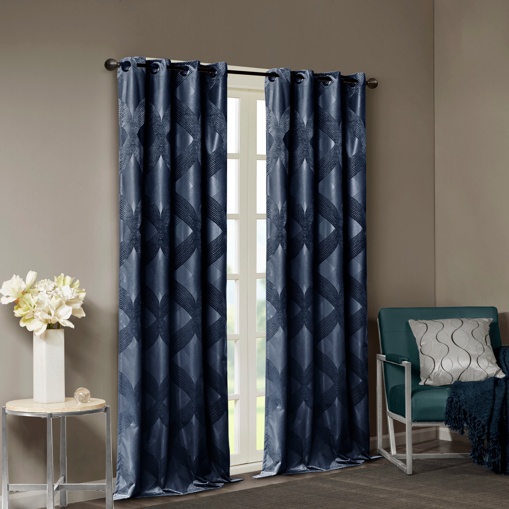 Navy Ogee Knitted Jacquard Blackout Curtain Panel