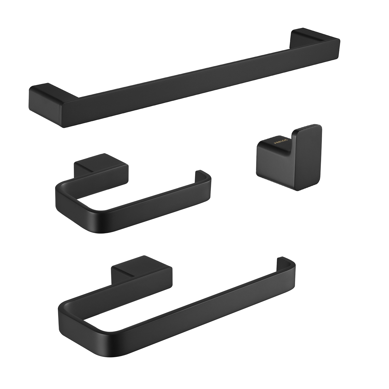 PARLOS 2102504 4 -Piece Doris Matte Black Decorative Bathroom Hardware Set Towel Bar, Toilet Paper Holder, Towel Ring ,Robe Hook Included