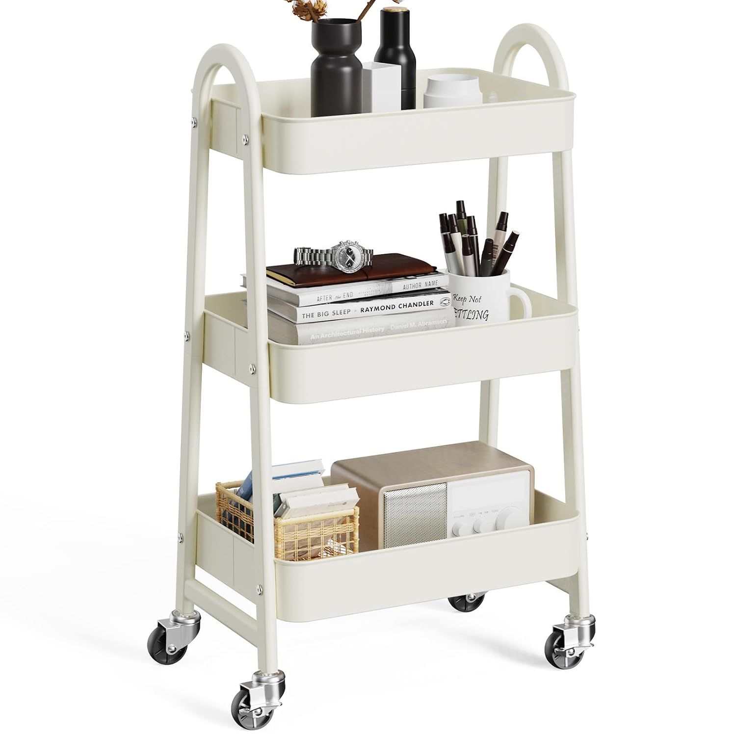 Fredees 3-Tier Metal Rolling Storage Cart with Lockable Caster Wheels and Ventilated Mesh Baskets for Bathroom Kitchen Laundry Room and Narrow Spaces White