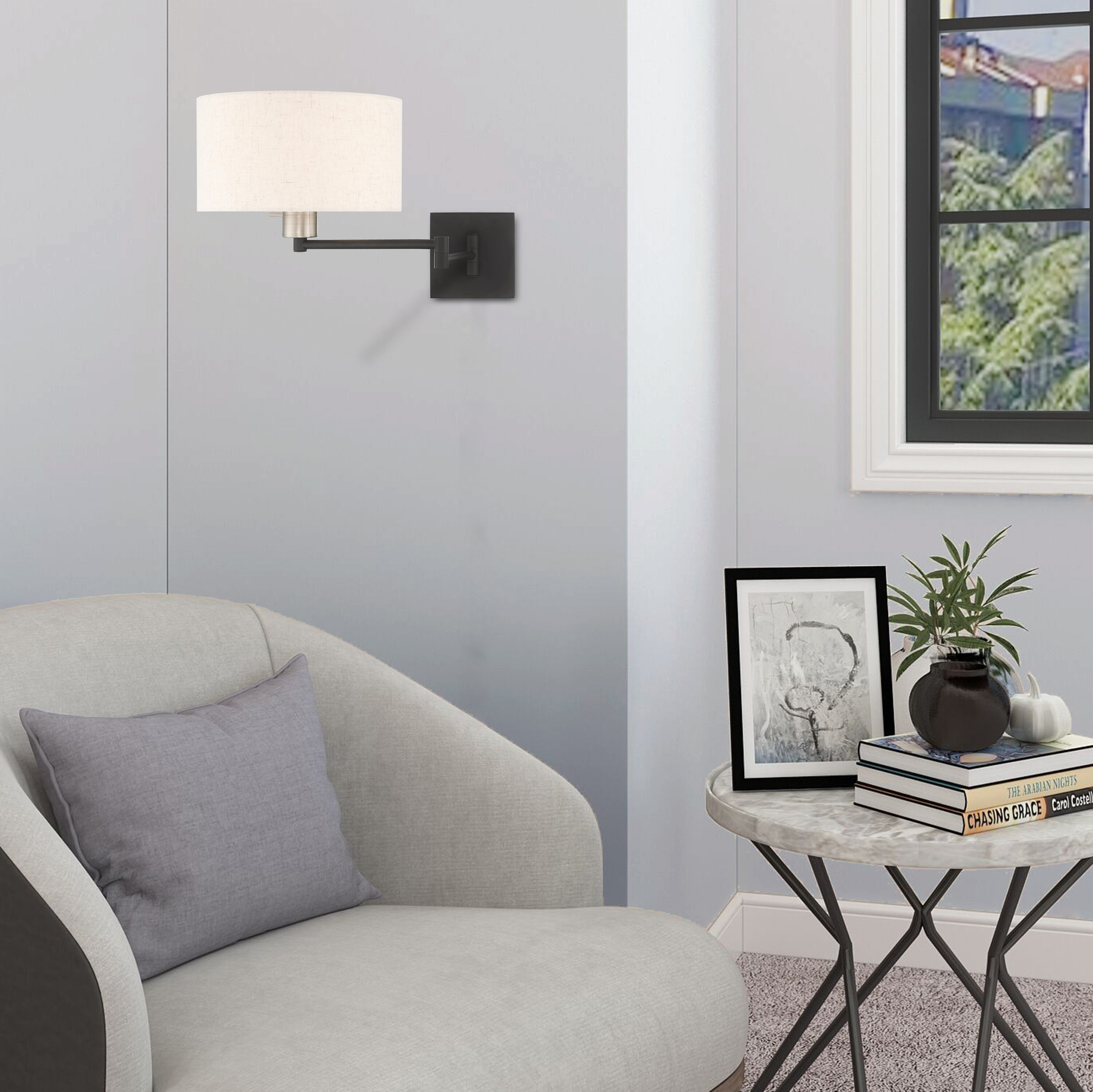 Black Steel Swing Arm Wall Lamp with Oatmeal Fabric Shade
