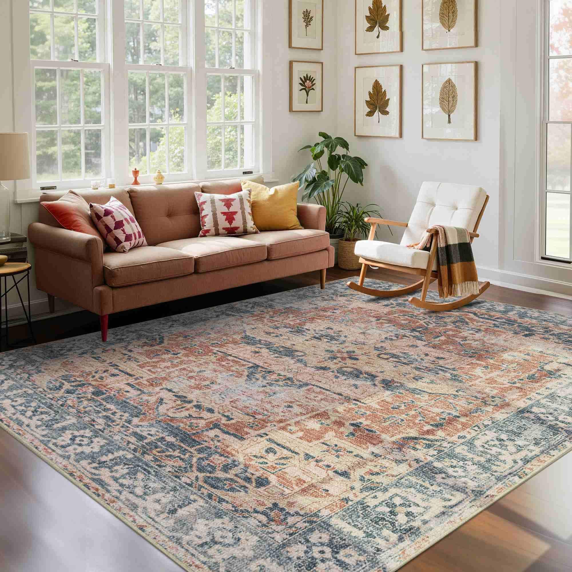 OMOMMD - Coral Blue Vintage Boho Area Rug Washable Non Slip Low Pile Faux Wool for Home Decor 5ft...