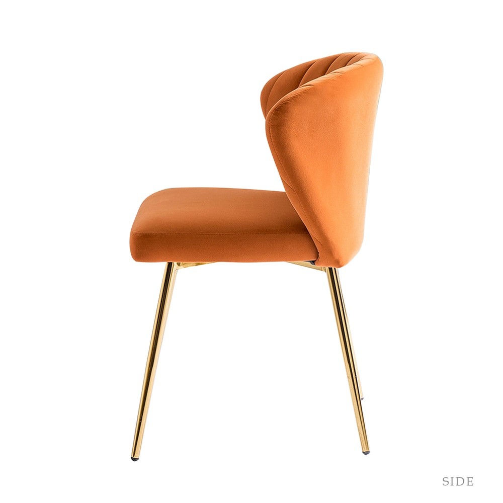 Velvet Upholstered Low Back Side Chair in Orange with Brass Legs, Set of 2