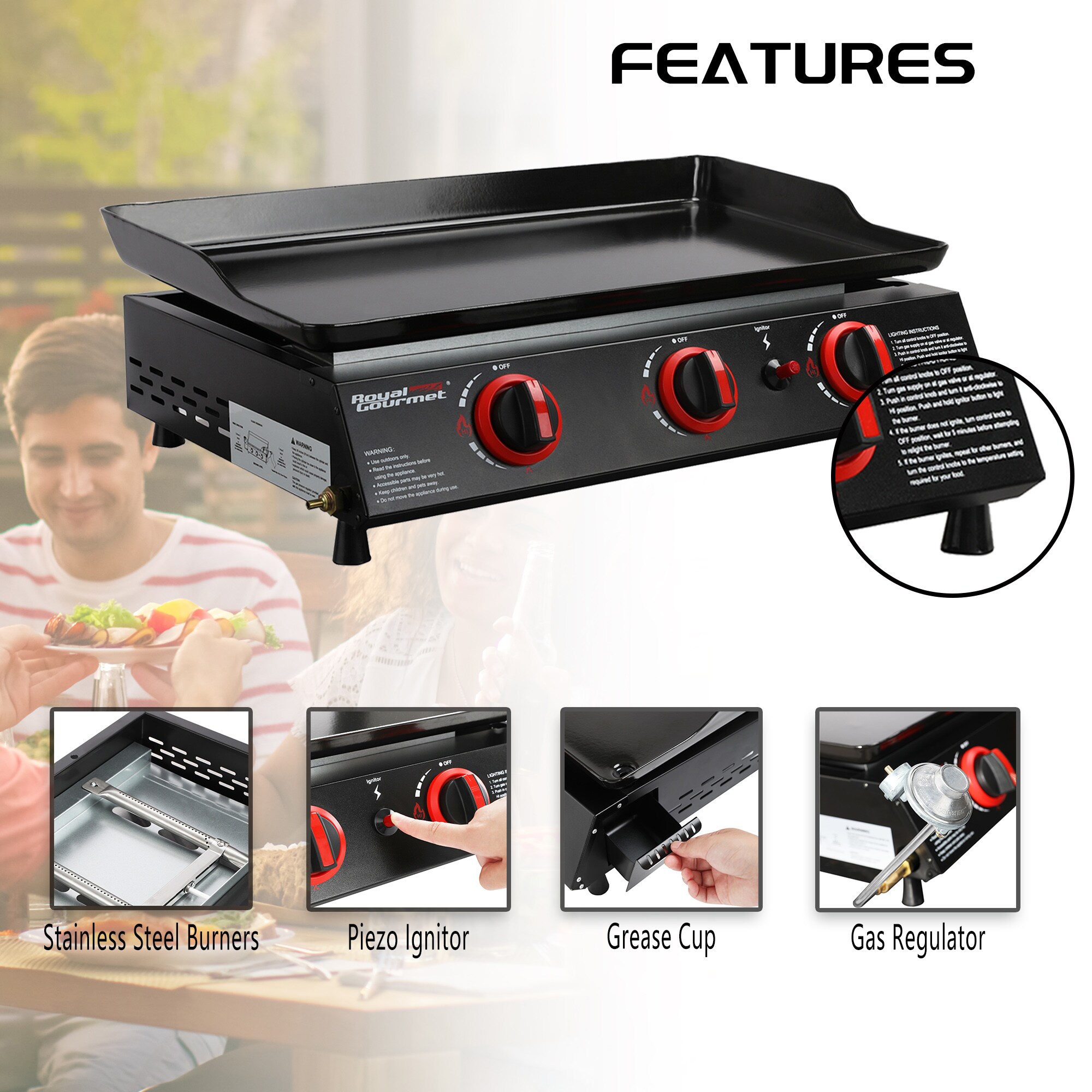 Royal Gourmet Portable 3-Burner Gas Griddle