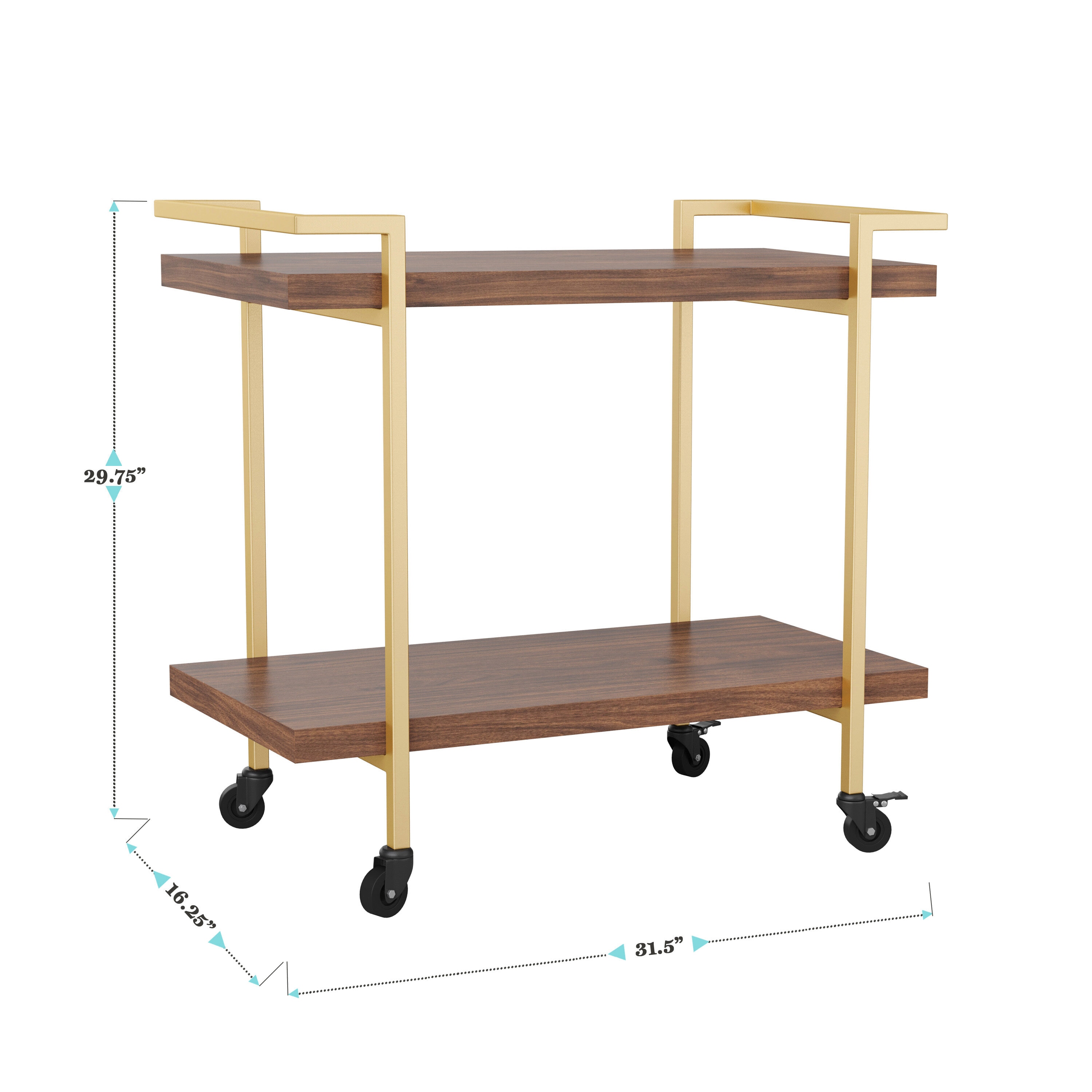 Walnut and Brass 2-Tier Mobile Office Printer Cart with Side Storage