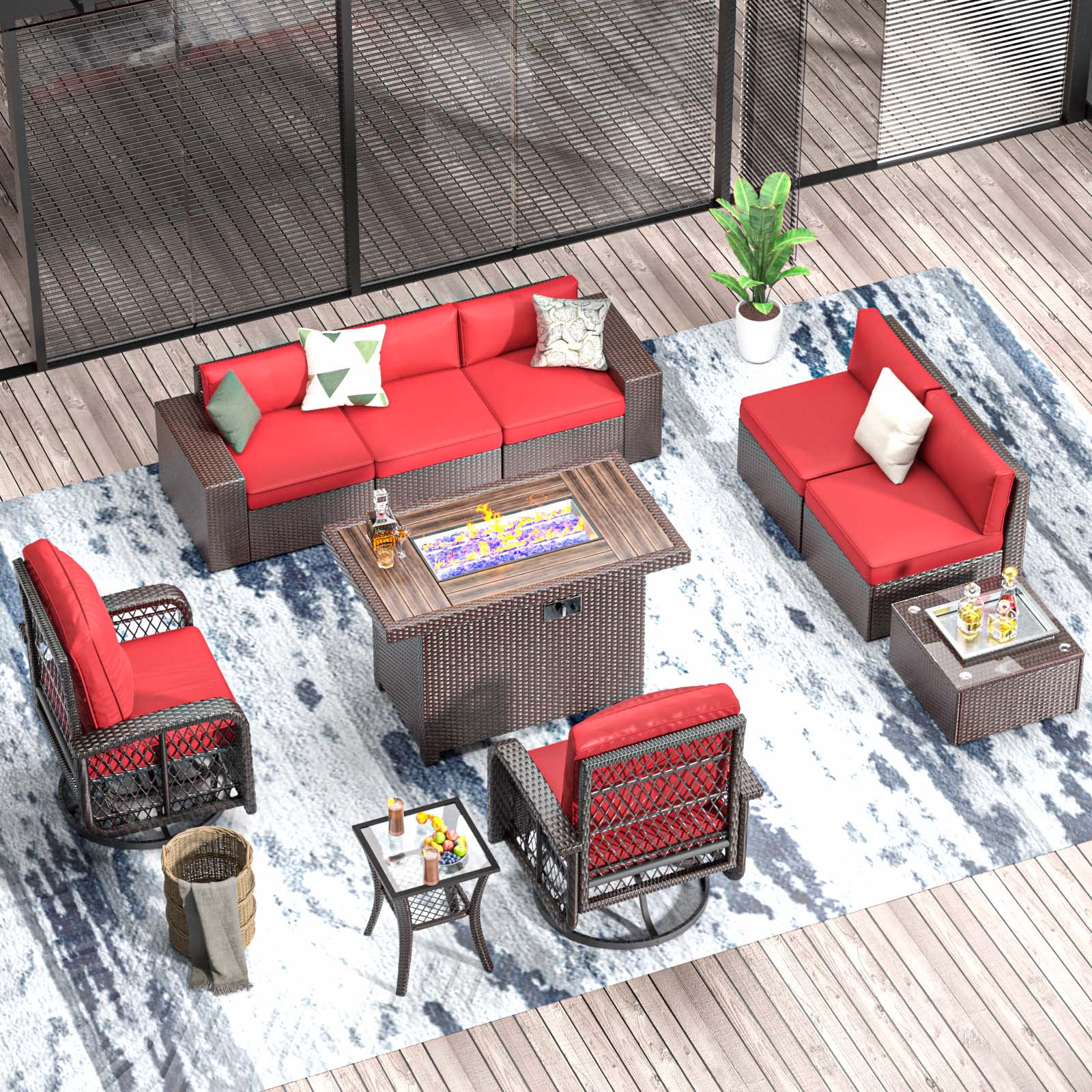 Bapipro BP3910R06 10 -Piece Rattan 2 Patio Sofa Conversation Set with Red Cushions