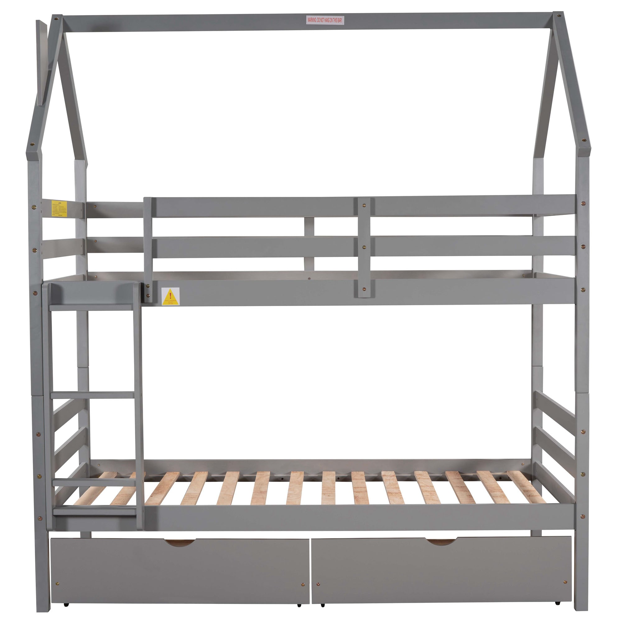 Sumyeg WM-SM000205AAB Safety Guaranteed The upper bed includes full-length guardrails to ensure your safety,and the down bed also includes headboard and footboard,each drawer under the bunk bed equipped with four wheels which is convenient for pulling in and out Gray Twin over twin Bunk Bed