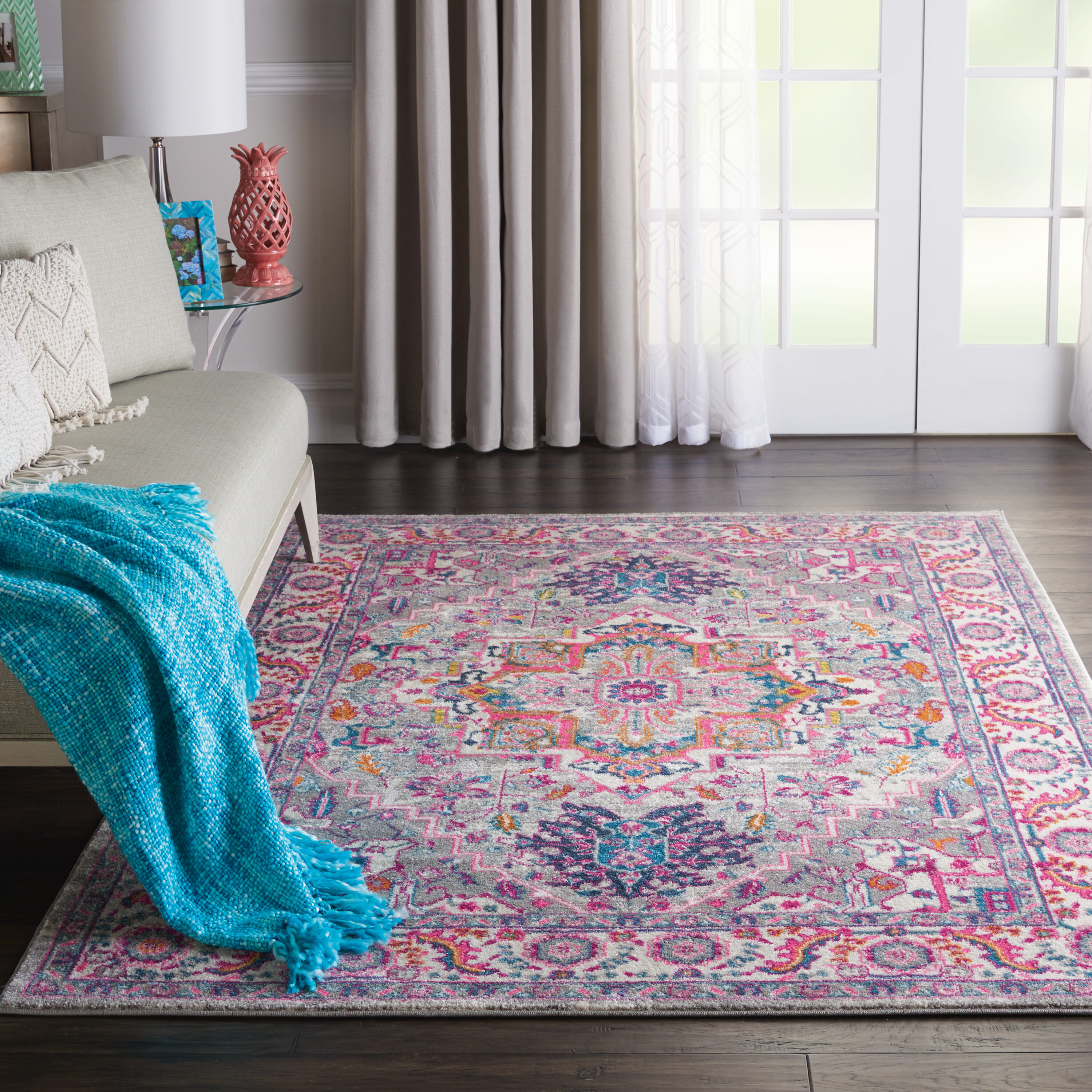 Light Grey and Pink Floral Synthetic 5' x 7' Area Rug