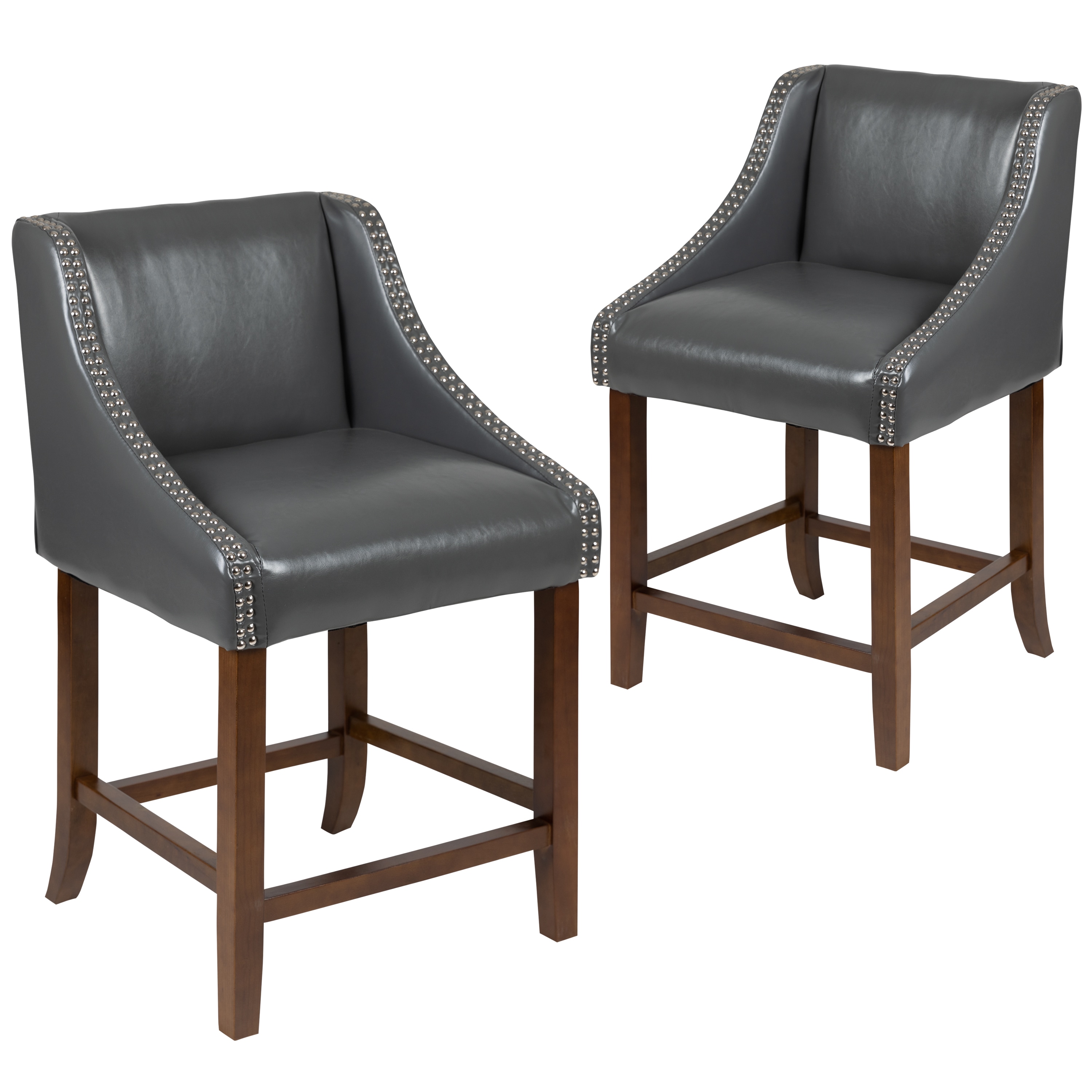 Flash Furniture 889142979487 Carmel Set of 2 Dark Gray Leathersoft 25-in H Counter height Upholstered Wood Back Bar Stool with Arms and Back