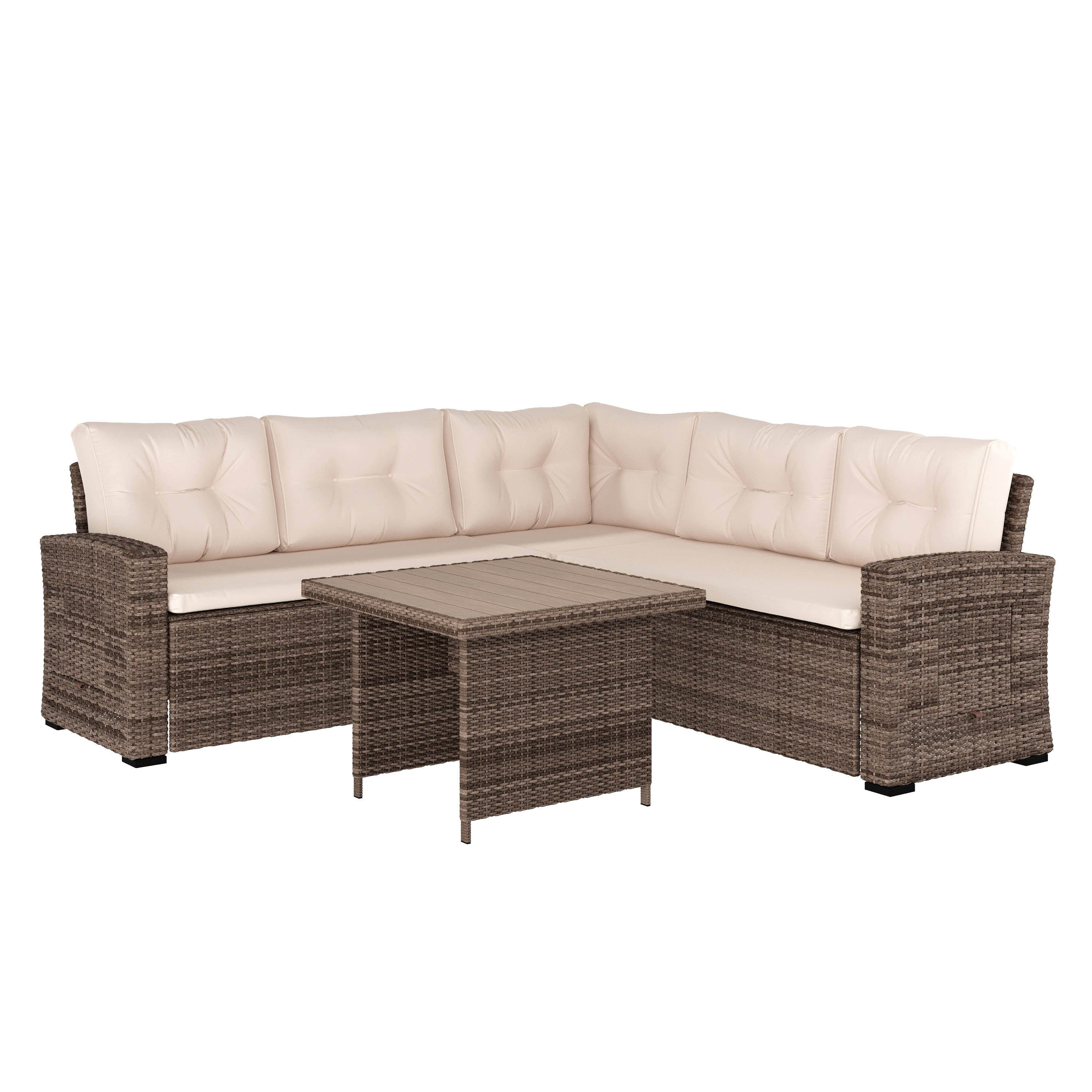 Flash Furniture 196861152689 Huck Indoor/Outdoor Wicker Rattan Conversation Set; L-Shaped Sofa with Dining Table; Weather Resistant Cushions; Beige and Brown