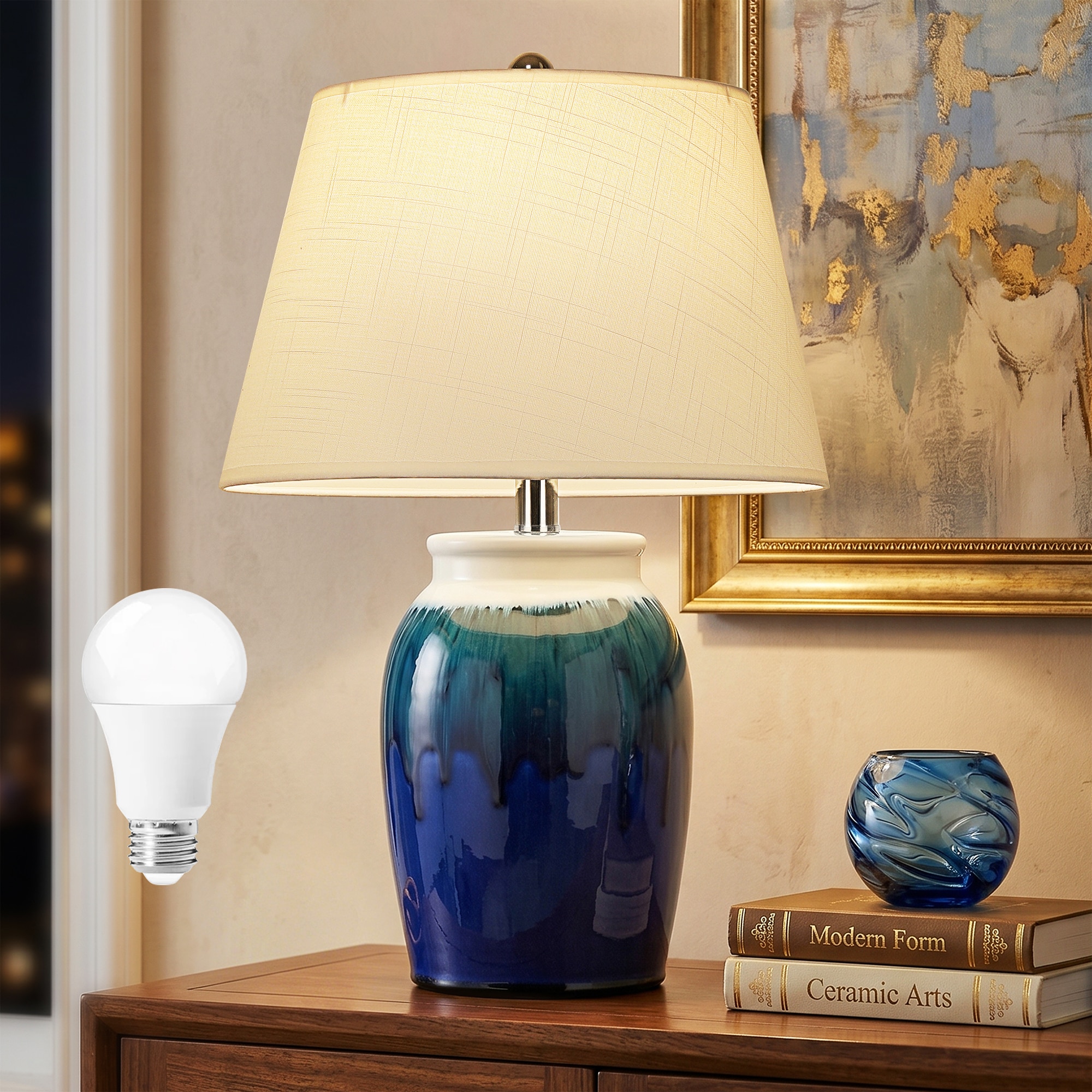 Rottogoon Modern Ceramic Table Lamp Blue and Green Drip Glaze Bedside Nightstand Lamp for Living Room Bedroom Office Includes 1 LED Bulb