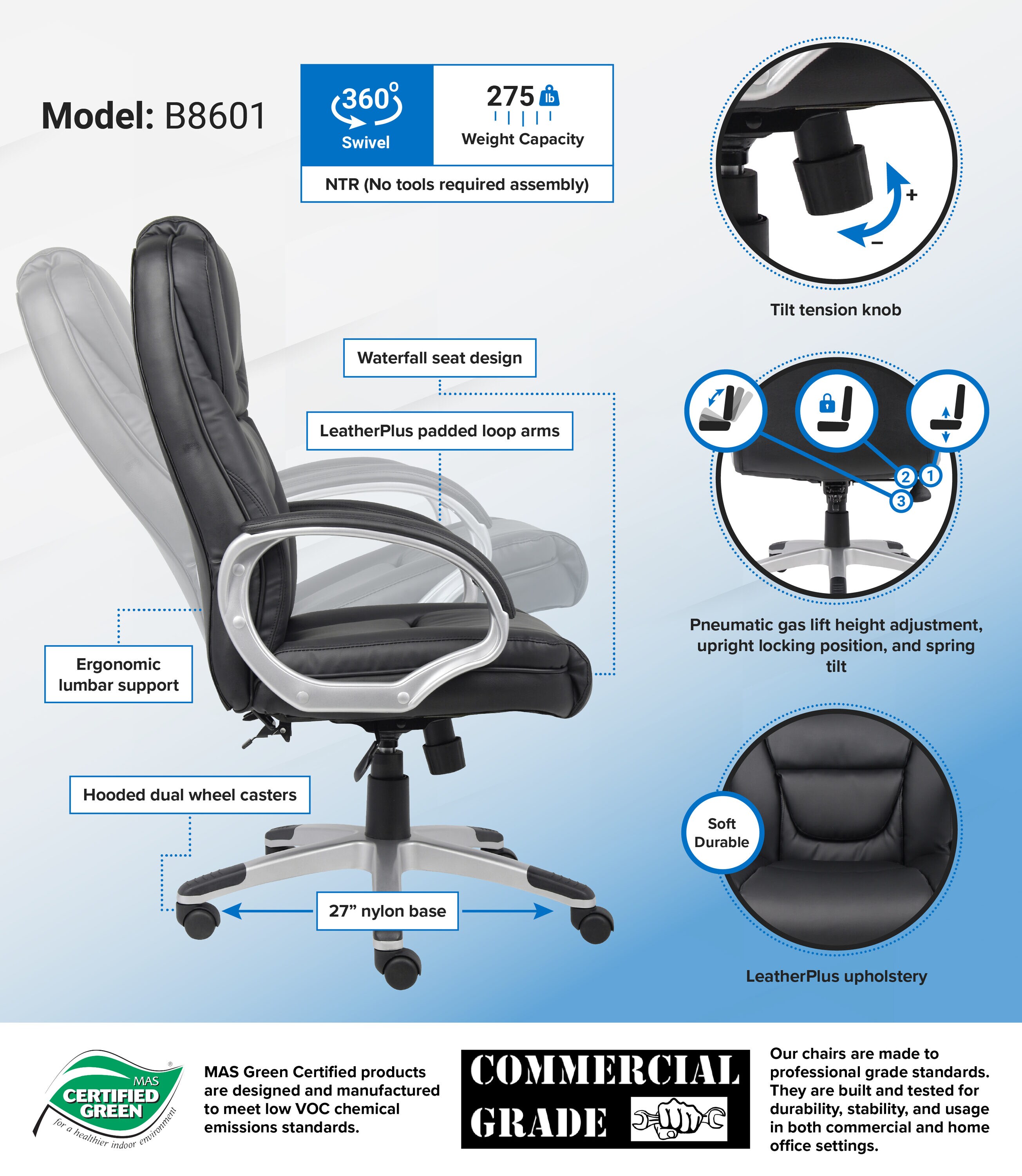Ergonomic High-Back Swivel Executive Chair in Black LeatherPlus