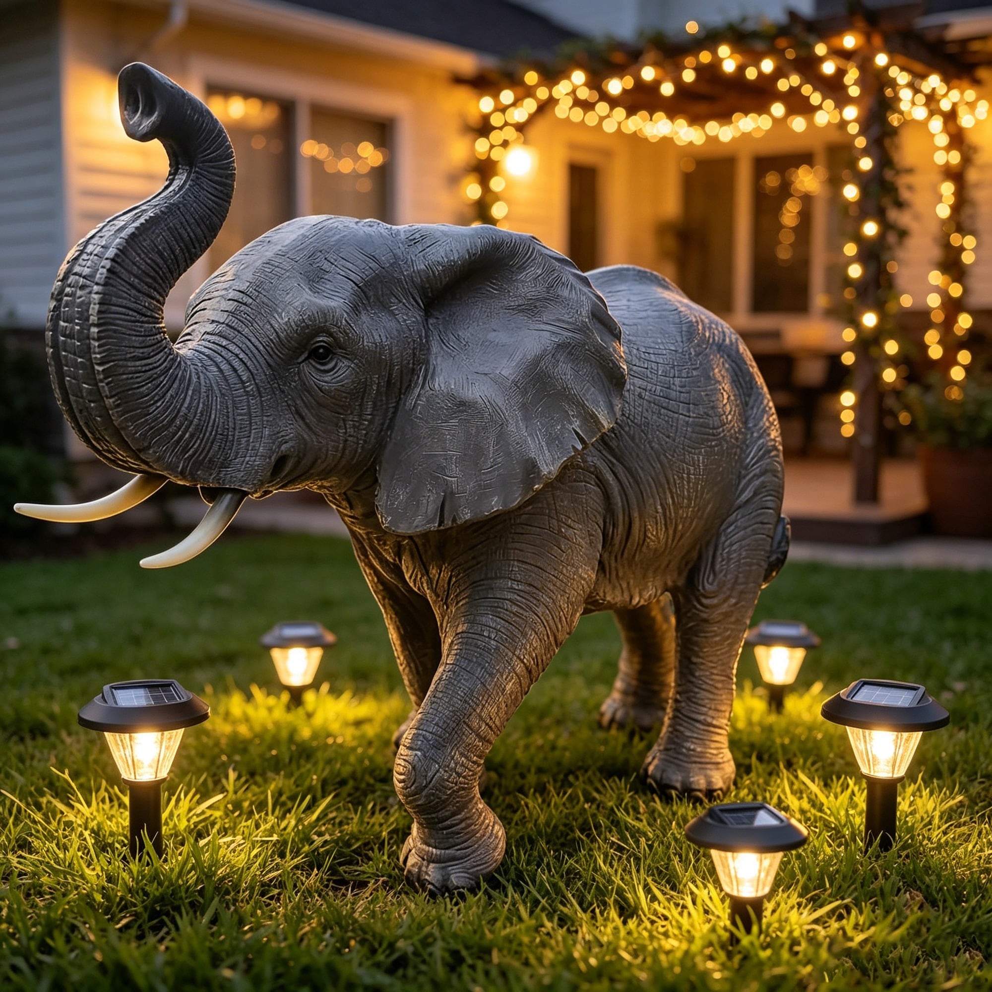 HyperDrop Cart 20-in H Weathered Resin Elephant Statue Heavy-Duty Trunk-Up Lawn Decor