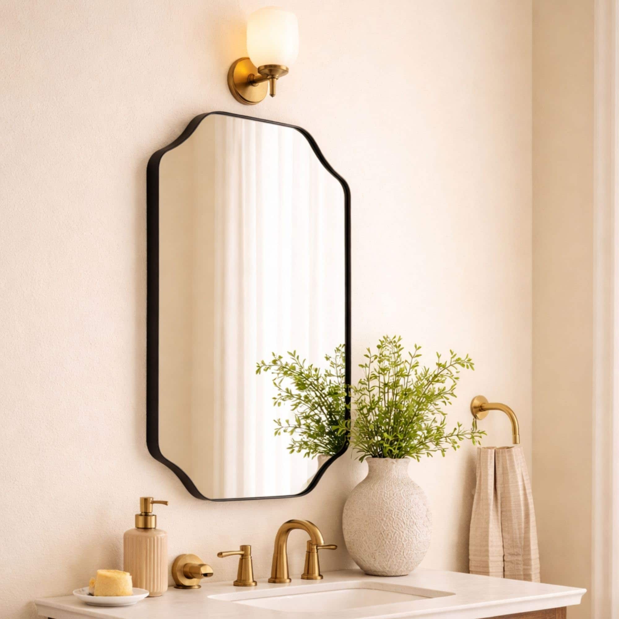 TEHOME  24 in W x 36 in H Scalloped Framed Stainless Steel Wall Mounted Bathroom Vanity Mirror in Matt Black