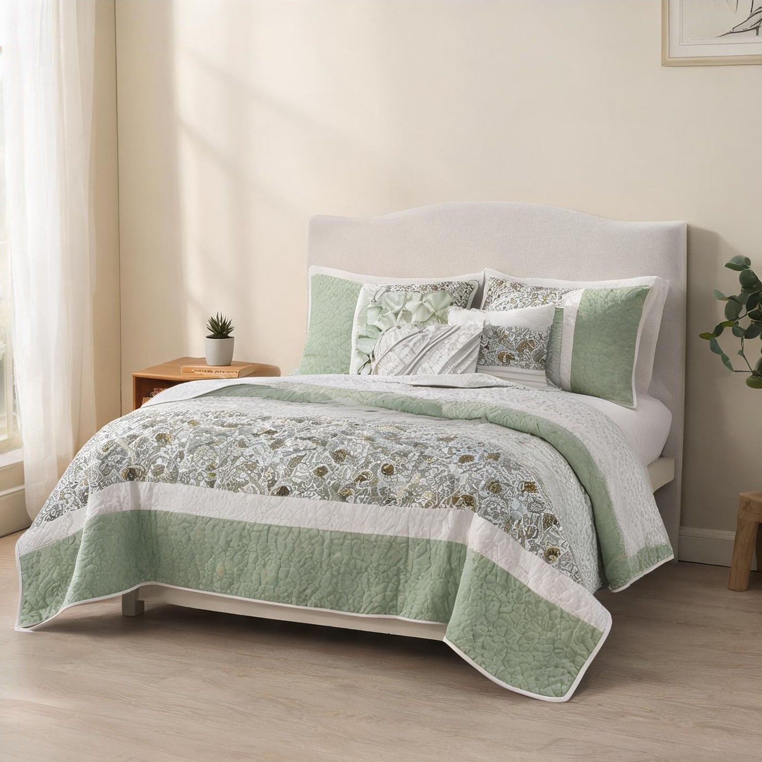 SunJet Bedding Sets - Full/Queen Cotton Percale Quilt Set with 2 Shams and 3 Throw Pillows Sage Green 90 x 90 x 0.2 in