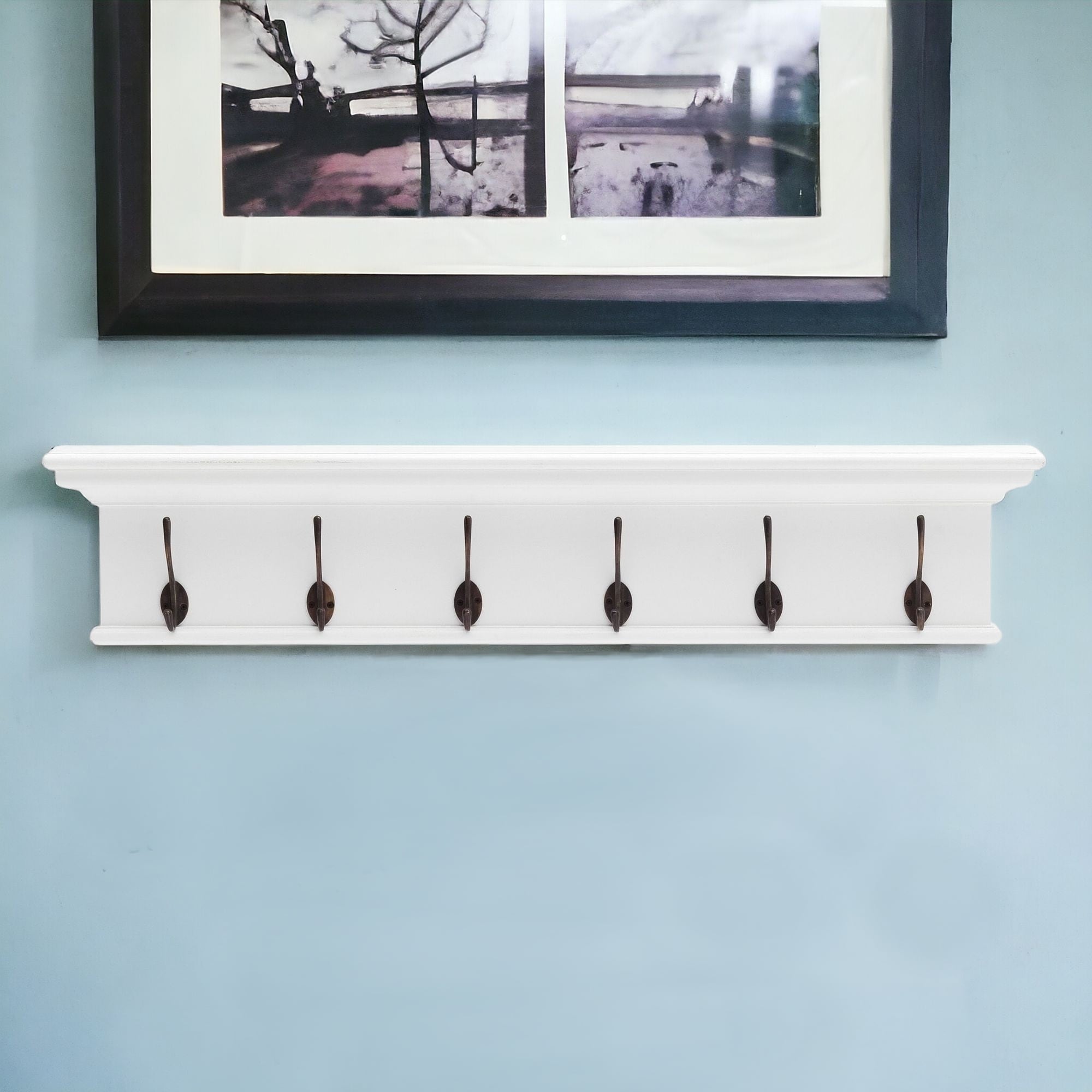 HomeRoots Traditional Wood Coat Rack with 6 Hooks and Hat Shelf