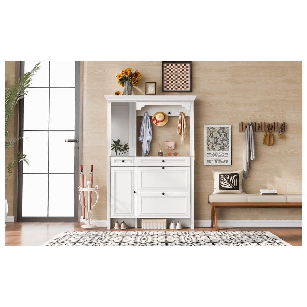 JUJABU ZJHALLTREE-1 White 54.7in Hall Tree with Integrated Shoe Cabinet  Coat Hanger Entryway Bench 4-in-1 Design 2 Flip Drawers 4 Hooks and 2 Cabinets for Entrance
