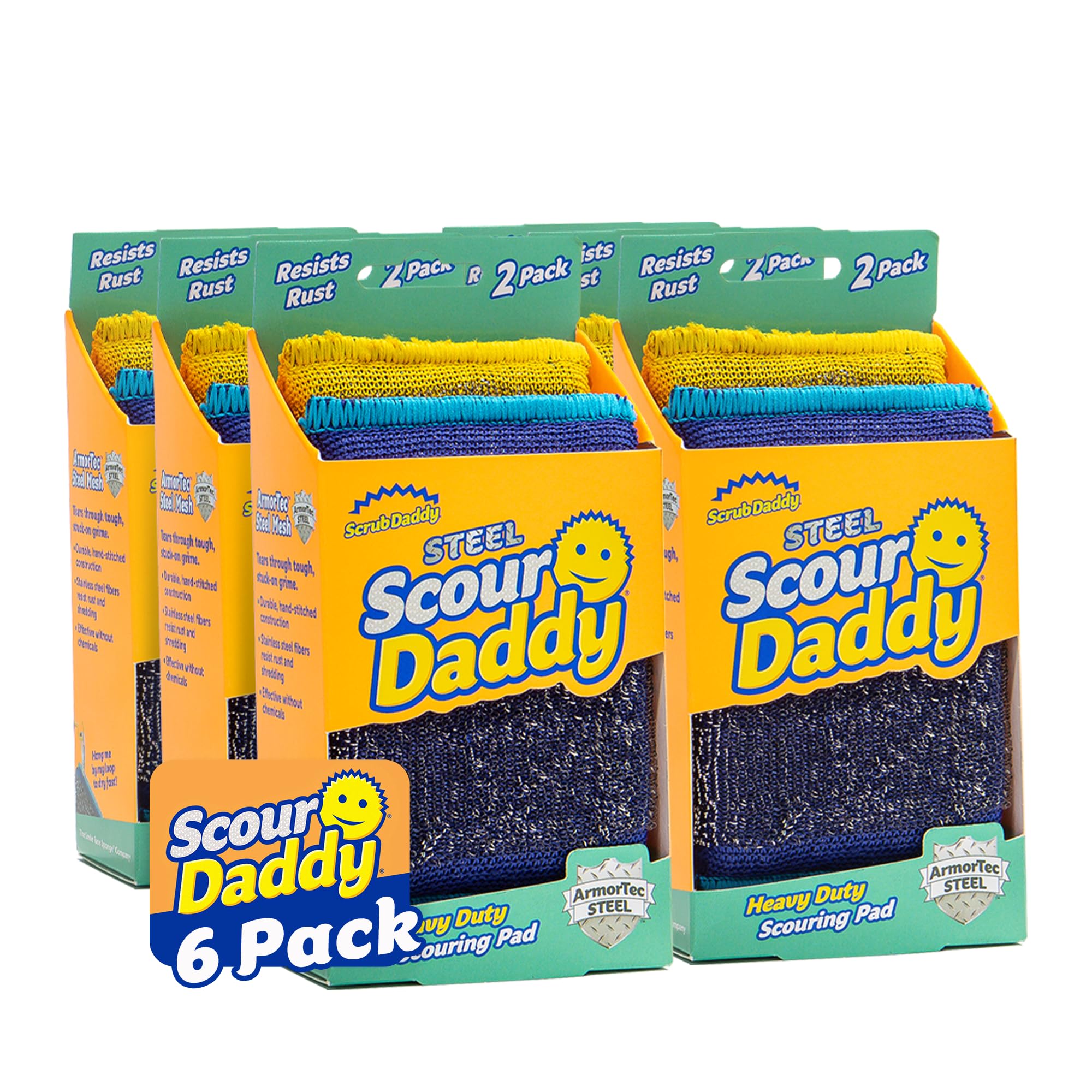 Scrub Daddy  Steel Scouring Pad Scrub Sponges - Stainless Steel Scour Daddy - Stainless Steel Fibers Do What Scrubbing Sponges Can't - Durable Shred-Resistant Scrubbing Pads - 2 Count (6 Pack)