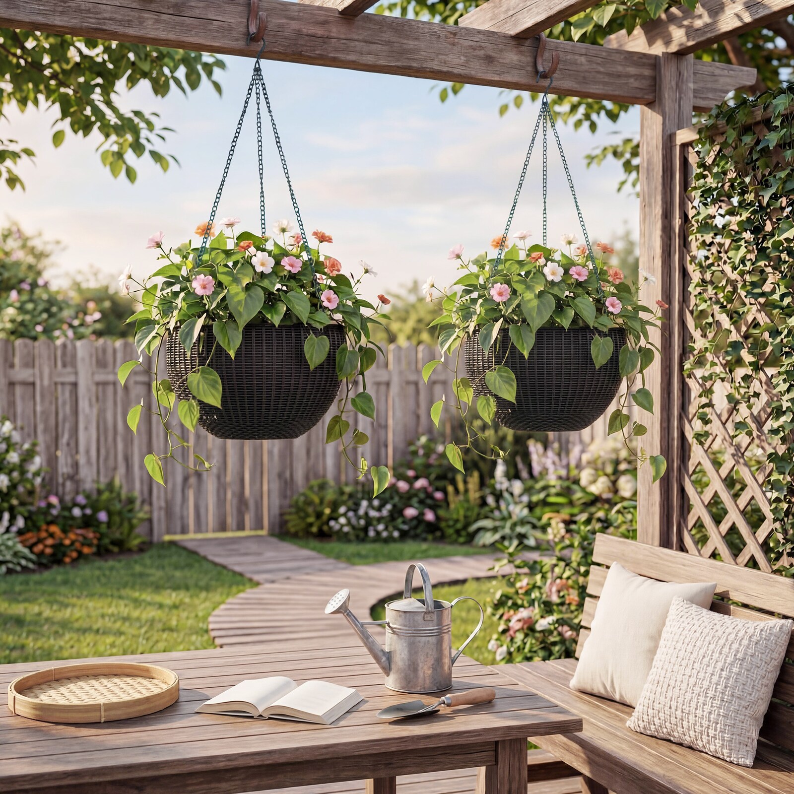 Garvee Self Watering Hanging Planter 13.8 Inch 2 Pack Large Round Resin  RattanStyle Flower Basket with Drainage Plug Deep Inner Pot Sturdy  TripleChain Metal Hanger Indoor Outdoor White in the Pots &