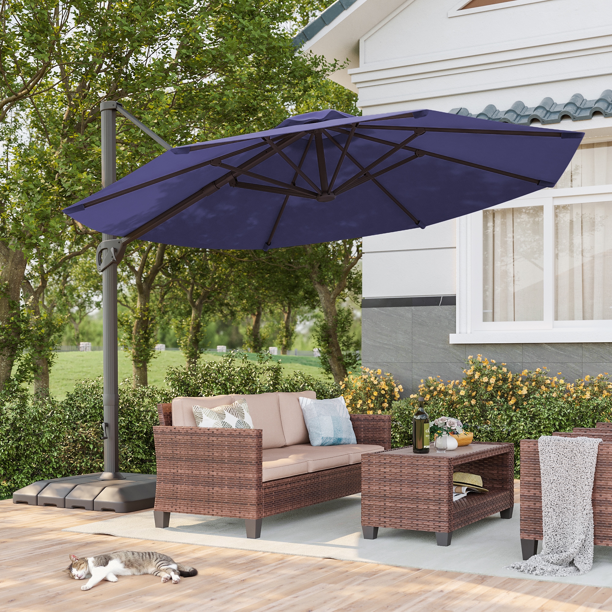 ACEGOSES LW-HCT-TJ13BL 11-ft Aluminum Navy No-tilt Cantilever Patio Umbrella with Base