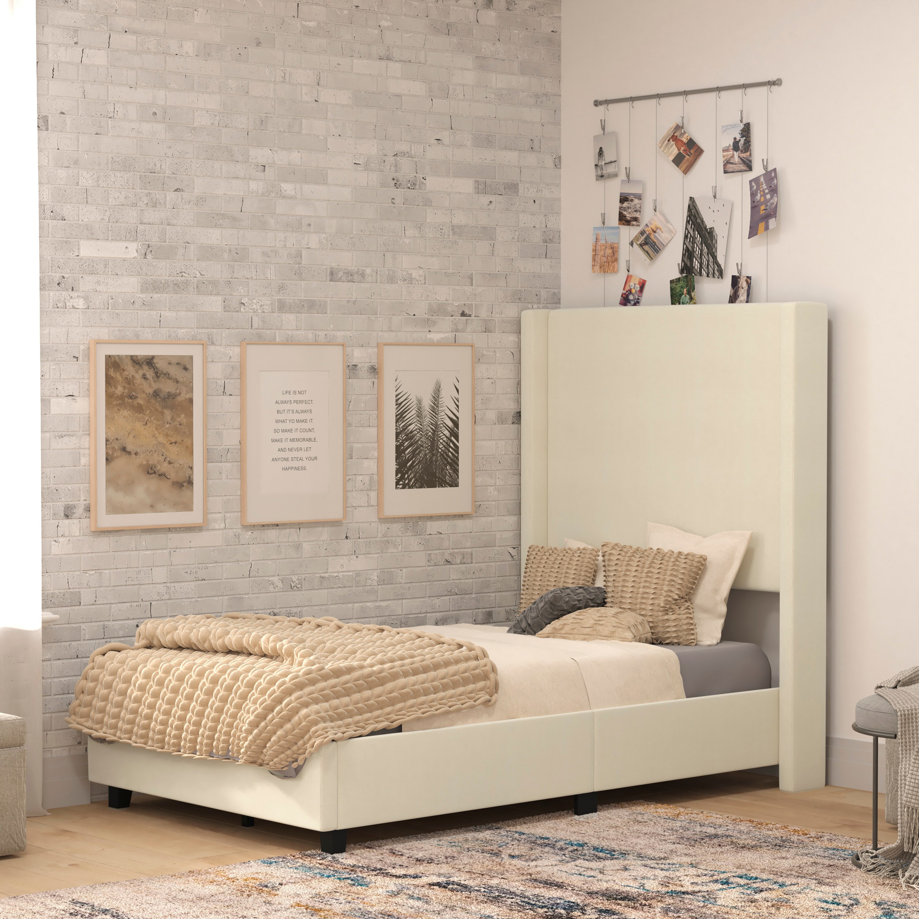 Flash Furniture 840196374949 Quinn Twin Upholstered Platform Bed with Channel Stitched Wingback Headboard; Mattress Foundation with Slatted Supports; No Box Spring Needed; Beige