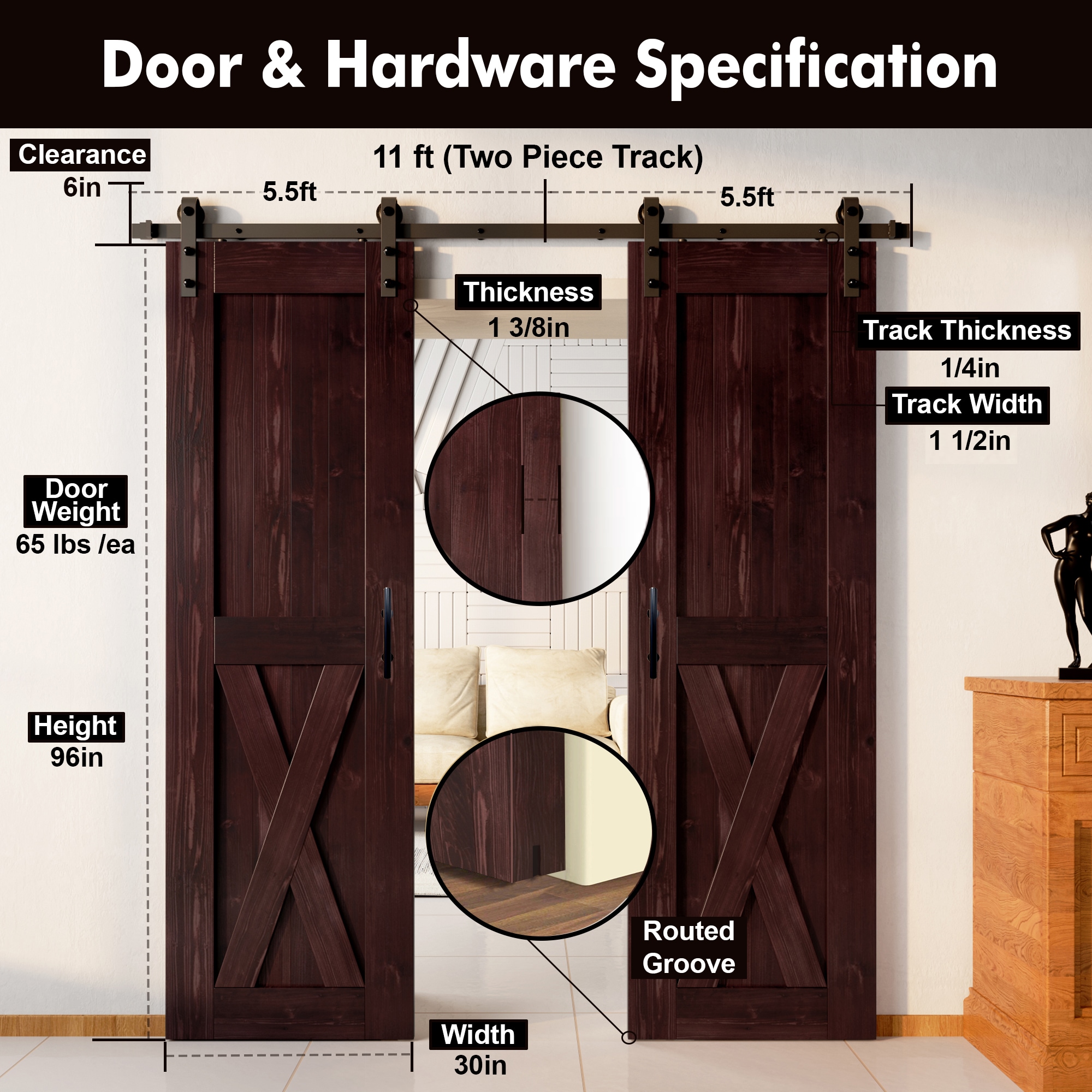 HOMACER YT2TGH132C-3096-X-RD Barn-Doors - View #7