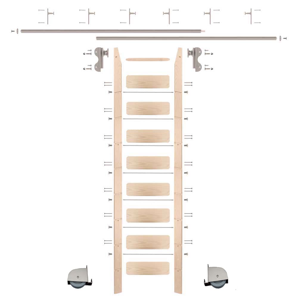 Quiet Glide QG.540-9MA-12-V.02 9 ft. Maple Library Ladder Satin Nickel Contemporary Rolling Hook Ladder Kit with 12 ft. Rail and Vertical Brackets